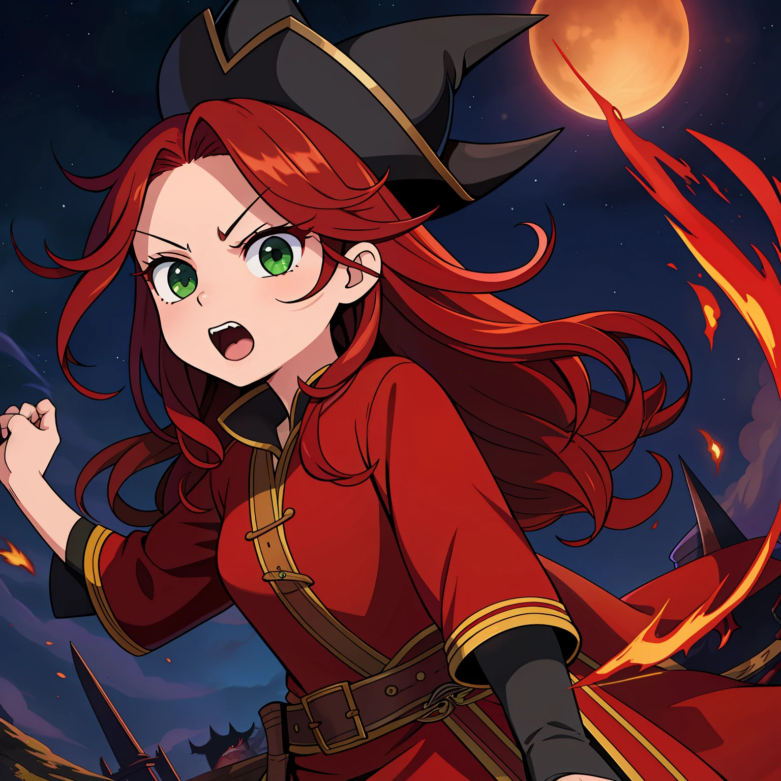 Red hair、Green eyes、de pele branca、Wizard Hat、holding knive、Fantasia、Forehead visible、Center division、Fantasia、Angry look、Red cheeks、Open mouth、full body Esbian、Wavy Hair、beautiful hairl