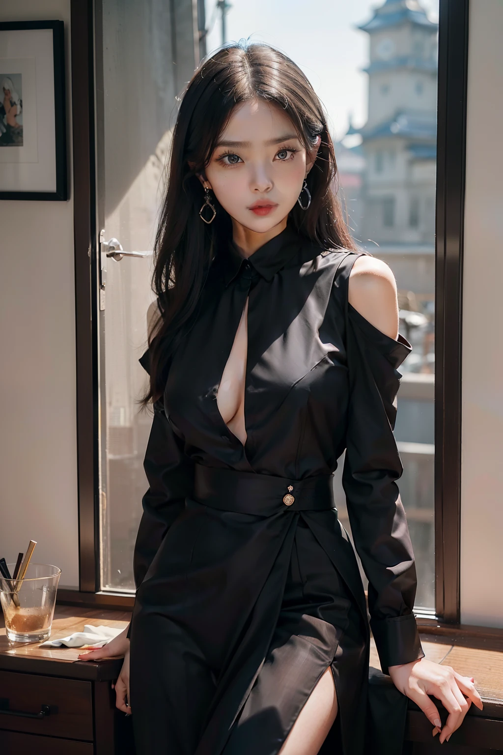 This domineering president has a tall female posture,with a well-proportioned body。She wears a well-tailored black suit,The placket is tightly buttoned together,Perfectly outlines the slender waistline。The details on the suit show both professionalism and taste,Makes her an indispensable presence in the office。She wears it with a white shirt,Tucked neatly into black suit pants,The hem of the garment draws a smooth line around the waist。A pair of black high heels held up her slender legs,Exudes confidence and elegance。Her ankles are slender,Impressive。Her hair is carefully combed into silky wavy shapes,Naturally drapes over both shoulders,Exudes a faint aroma。(highy detailed,High detail,high detal,Her makeup is light and delicate,Emphasize her facial contours,Deep eyes with slightly accentuated eyeliner,Make her eyes appear sharp and powerful。Her lips were smeared with a touch of rose-red lipstick,Highlight her temperament and unique charm。In terms of accessories,She wears a delicate watch,glowing with silver light,Precise and noble。She wears a pair of simple and gorgeous earrings on her ears,Goes well with her overall image。Additionally,She also wore a snow-white and shiny engagement ring,Exudes enduring love and power。This domineering president woman is known for her neatness、Restraint and a sense of fashion look confident and outstanding outside the office。Her demeanor is refined、Charming yet capable,Navigate every scene of the office with a unique style。