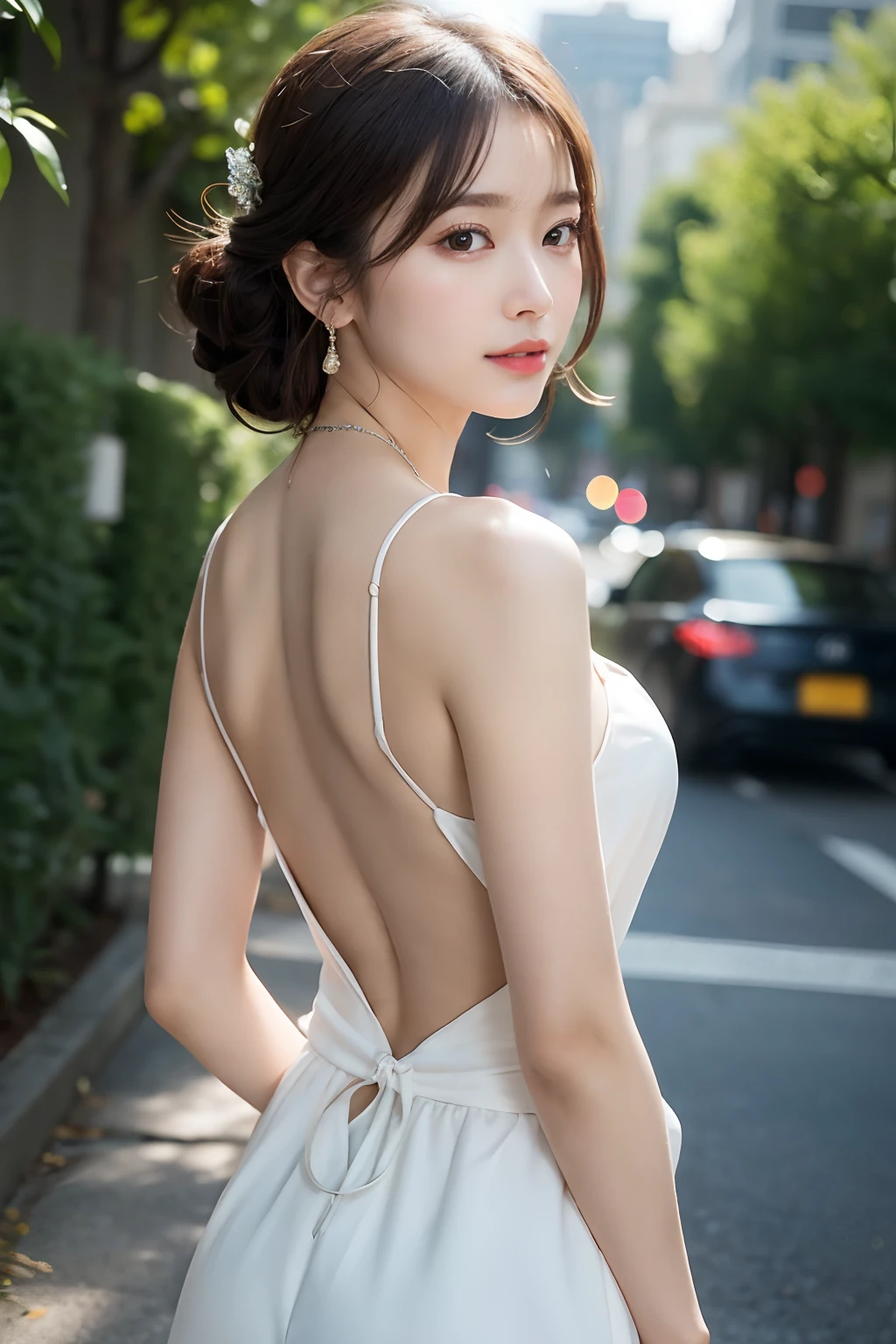(top-quality、8k、32k、masterpiece、UHD:1.2)、Random posture、(extremely delicate and beautiful work)、(masterpiece)、One girl、Highly Detailed Elegant Wedding Dresses、tiarra、A highly detailed、A charming expression、Beautiful and clear eyes、Green pupil、delicate necklaces、Delicate earrings、Simple blurry background、Description of extreme details、Beautiful fece、A charming、Ultra-fine painting、delicated face、Delicate figure、thin clavicle、Beautiful lips、Soft back view、mix4、(8K、Raw photography、top-quality、masterpiece:1.2), (reallistic, Photorealsitic:1.37),1girl in,Cute,Cityscape, natta, Sateen, Wetty, Professional Lighting, Photon mapping, Radio City, physically-based renderingt, above waist、