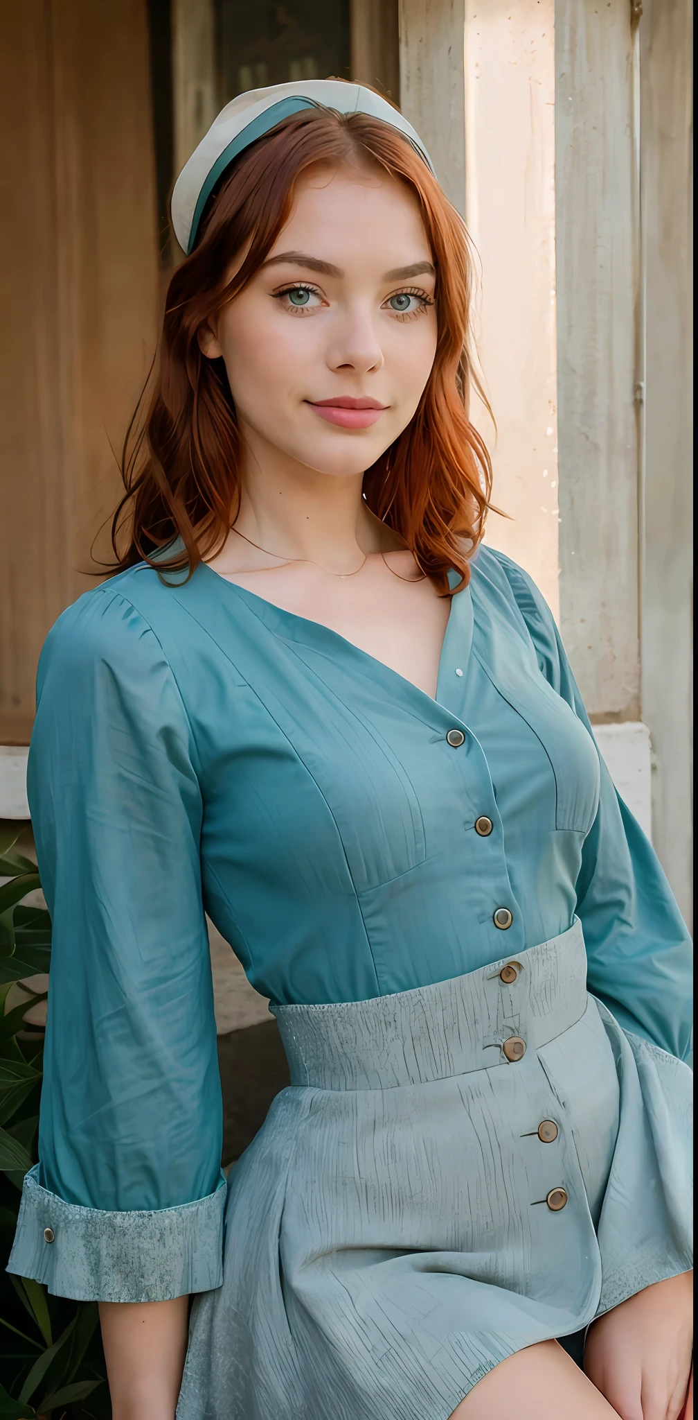 1 woman ((upper body selfie, Happy)), with Heterochromia (One Blue and One Green Eye) ((18 Years)), ((Extremely Intense and Detailed Skin)), 16K, masterpiece, best quality, ultra-detailed, 1960s Era Landscape, Authentic Vintage Attire, ((intricate Detailed Reddish Hair)), Nostalgic Expression, Period-appropriate Atmosphere, Vintage Selfie Moment, Charming Smiles, Iconic Surroundings, Retro Aesthetic, Timeless Beauty, Authentic Representation of the 1960s, Stylish Outfit, Time-Tested Clothing, Vintage Charm, Era-specific Cultural Elements, Captivating Scenery, Vintage Lighting, Crisp Details, Realistic Textures, Meticulous Historical Accuracy, Subtle Color Grading, Artistic Excellence, Nostalgic Beautyshadows, contrast, clear sky, style, (warm hue, warm tone:1.2), cinematic light, sidelighting, ultra high resolution, best shadow, RAW, Canon EOS 5D Mark IV Cam ,upper