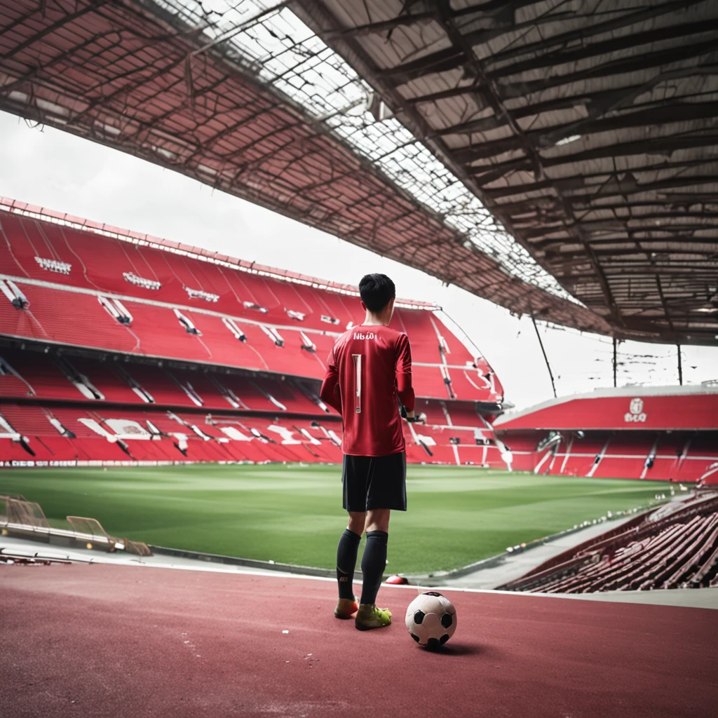 china boy,Wearing the number 7 shirt of the Portuguese national football team,Run with a football,Full body photo,The background is the real Old Trafford football stadium with players training football,Cinematic sense of color,