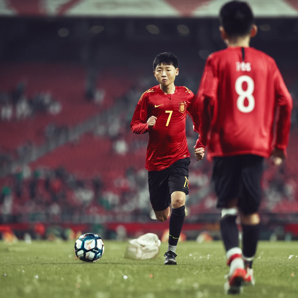 china boy，Wearing the number 7 shirt of the Portuguese national football team，Run with a football，Full body photo，The background is the real Old Trafford football stadium with players training football，Cinematic sense of color，