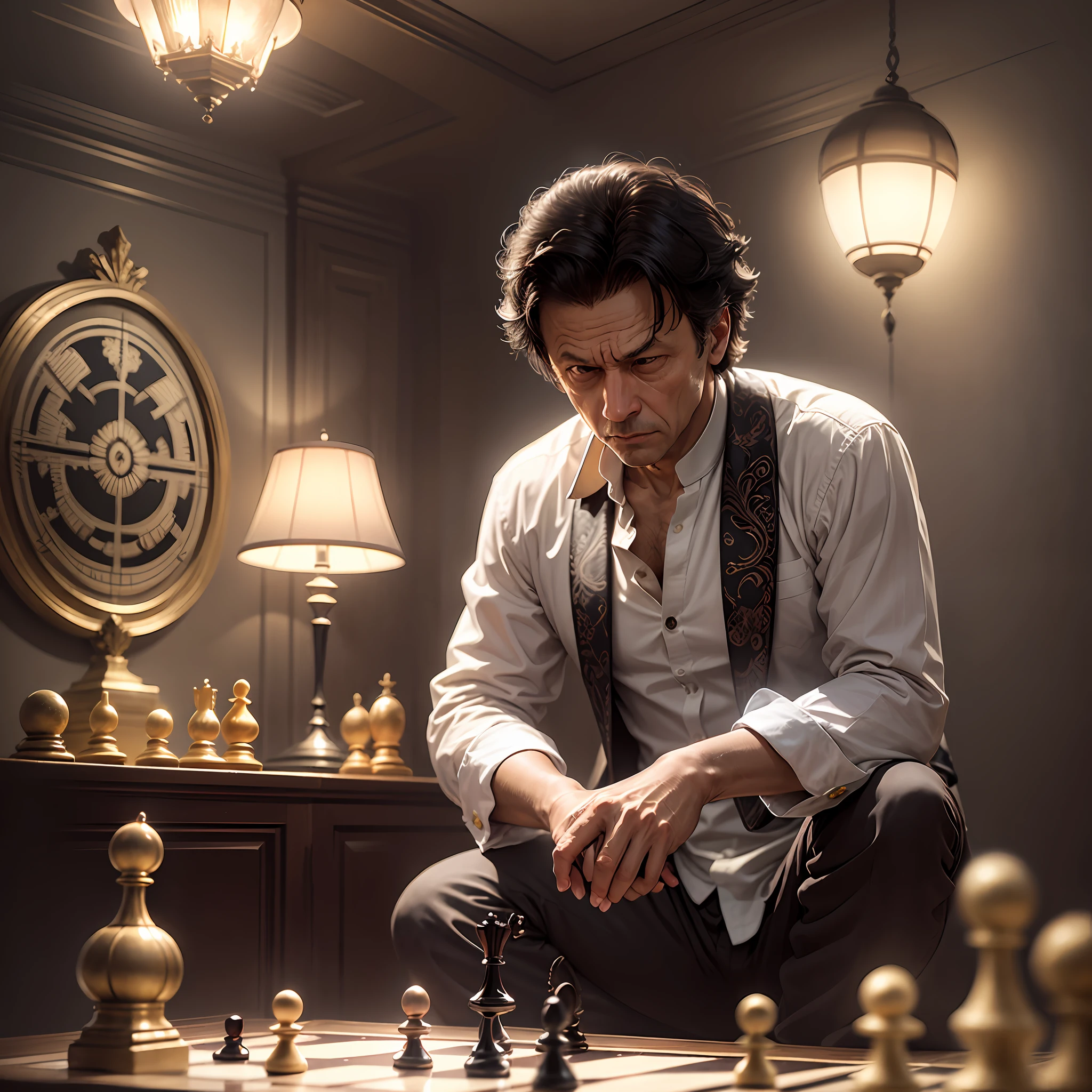 "Amidst the dimly lit room, Imran Khan sat hunched over the intricately carved chessboard. Shadows danced across his face as he contemplated his next move, the soft glow of a single lamp casting an eerie ambiance. The tension in the air was palpable, each piece representing a strategic decision in this clandestine battle of wits." --auto --s2