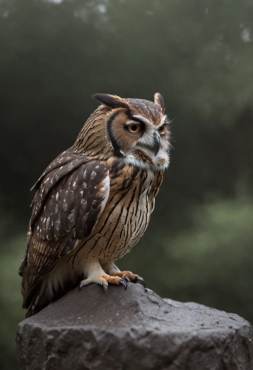 an owl sits on a stone in heavy rain. dissatisfied and gloomy, masterpiece, intricate details, trending on artstation