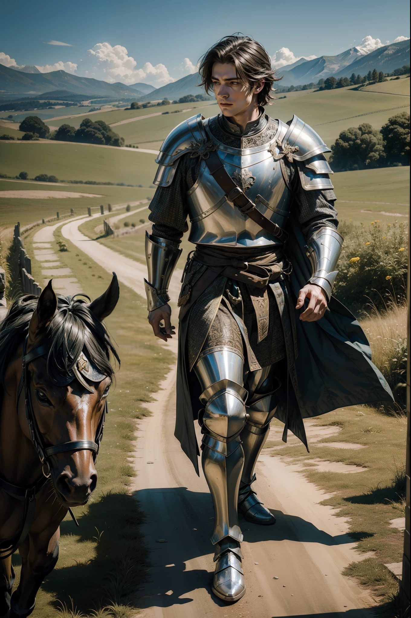 Portrait of a handsome young man wearing medieval armour, without helmet, highly ornated armour, walking, medieval european countryside as background, dramatic illumination, highly detailed.