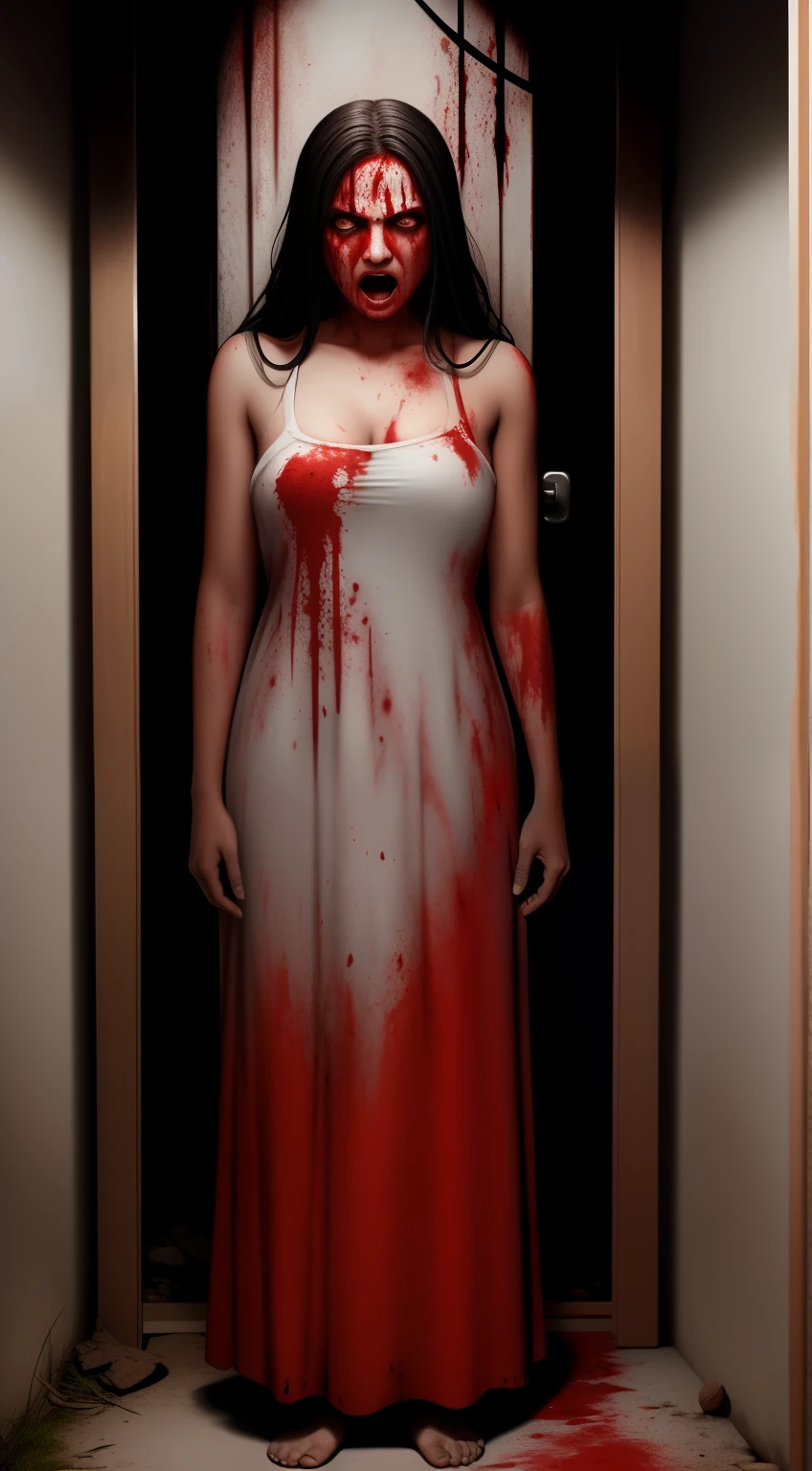 da frente de uma casa abandonada clima cinzento uma imagem de horror sinistro de uma mulher em um vestido longo branco claro na noite dos olhos, ambulante, bathed in blood bruised barefoot, Possessed macabre. Olhar sinistro e sangrento, olhos sangrento horror. imagem realista