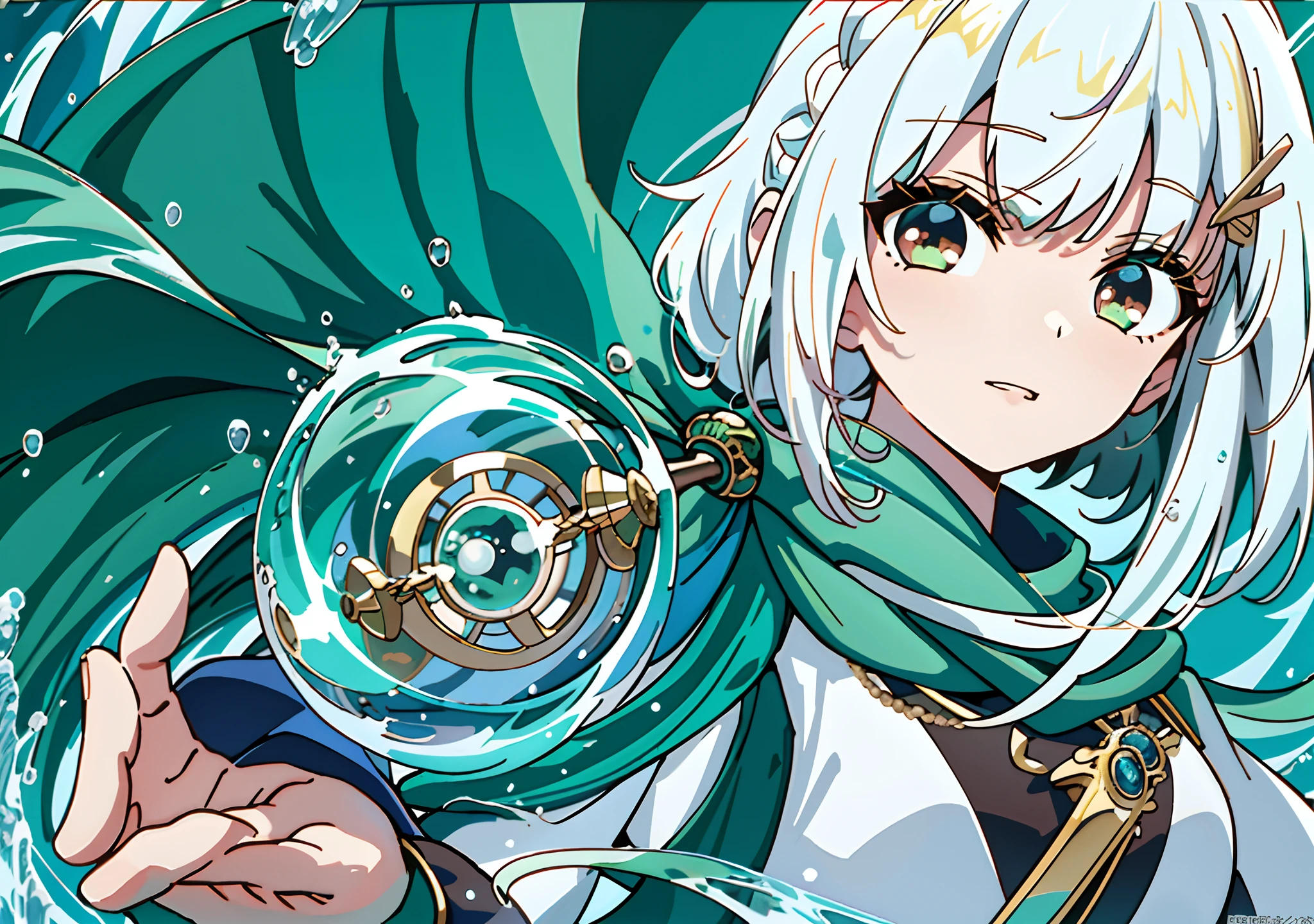 Anime girl holding a crystal ball in her hand, Splash art anime Loli, Official artwork, crisp clear rpg portrait, Best anime 4k konachan wallpaper, Detailed digital anime art, clean and meticulous anime art, 4k manga wallpapers, closeup fantasy with water magic, alchemist girl, water elemental, Detailed key anime art, Pixiv style, Best Rated on pixiv,Yushui，water,((Brown horn)),(((green scarf))),(((White hair))),Short hair,ahoge,((french braid)),((Green hairpins)),(((Golden eyes))),Kana_arima\(oshinoko\)