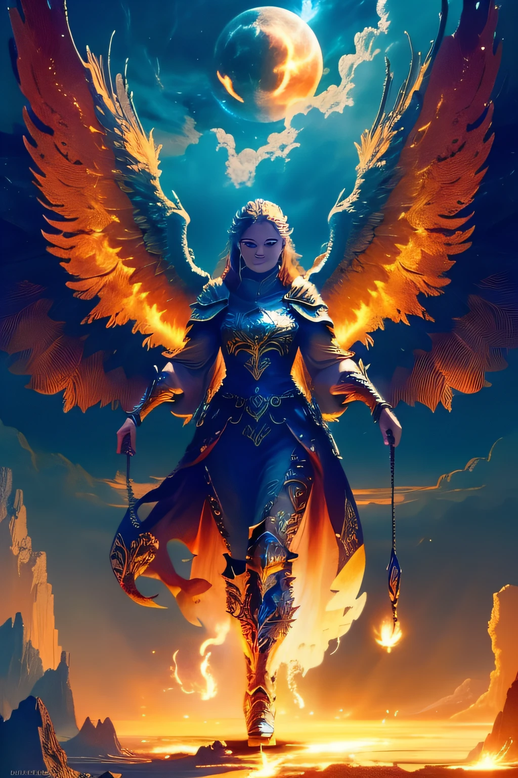 A celestial body with a big bird in a cloudy sky, High quality fantasy art, epic fantasy digital art, with fiery golden wings of flame, dramatic fantasy art, Symmetrical epic fantasy art, Epic fantasy digital art style, The Phoenix rose from the ashes, Epic fantasy art, Epic angel wings, goddess of anger, breathtaking fantasy art, angel