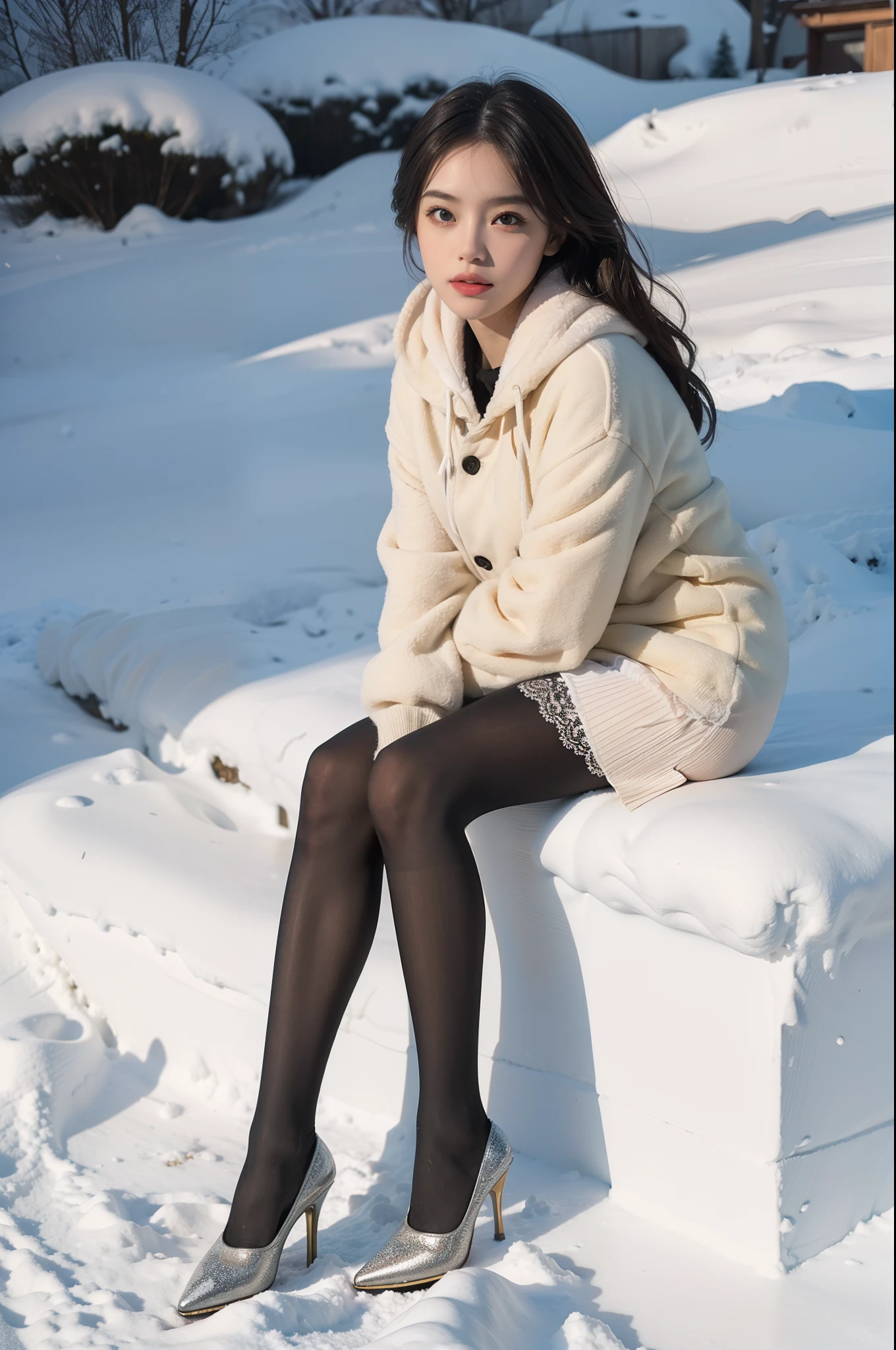 (full body:1.5),(1girl:1.3),(view the viewer:1.4),(anatomy correct:1.3),(Sitting in the snow:1.2),(A Halloween Set:1.2),( Very thick Lime Pantyhose:1.3),( girl pointed thick heels :1.1),(Accurate and perfect face:1.3),hyper HD, Ray traching, reflective light, structurally correct, Award-Awarded, high detail, lighten shade contrast, Face lighting ,cinematic lighting, masterpiece, super detailing, high quality, high detail, best quality, 16k,High contrast,