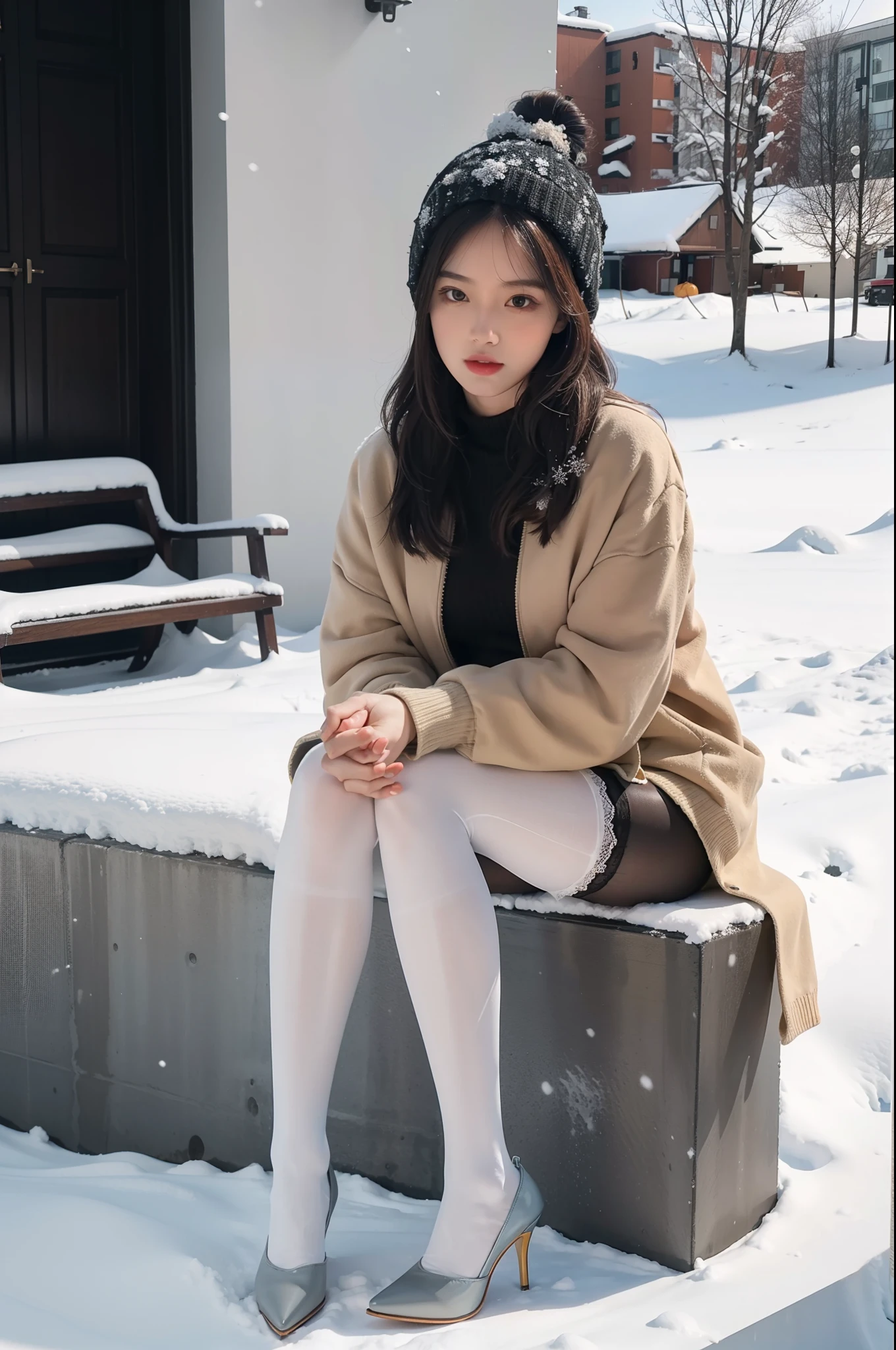 Araffe sitting on a bench in the snow wearing a coat and hat - SeaArt AI