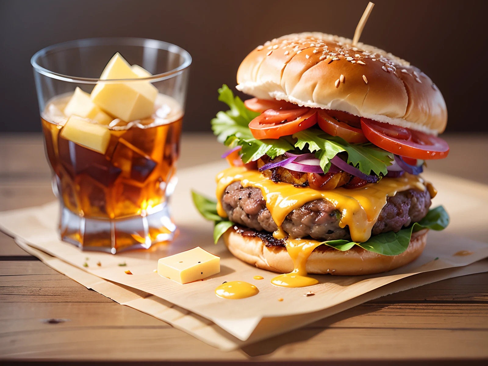a delicious triple meat burger with bacon and yellow cheese, accompanied with a glass of whiskey on the rocks -- ar 3:2 --auto --s2