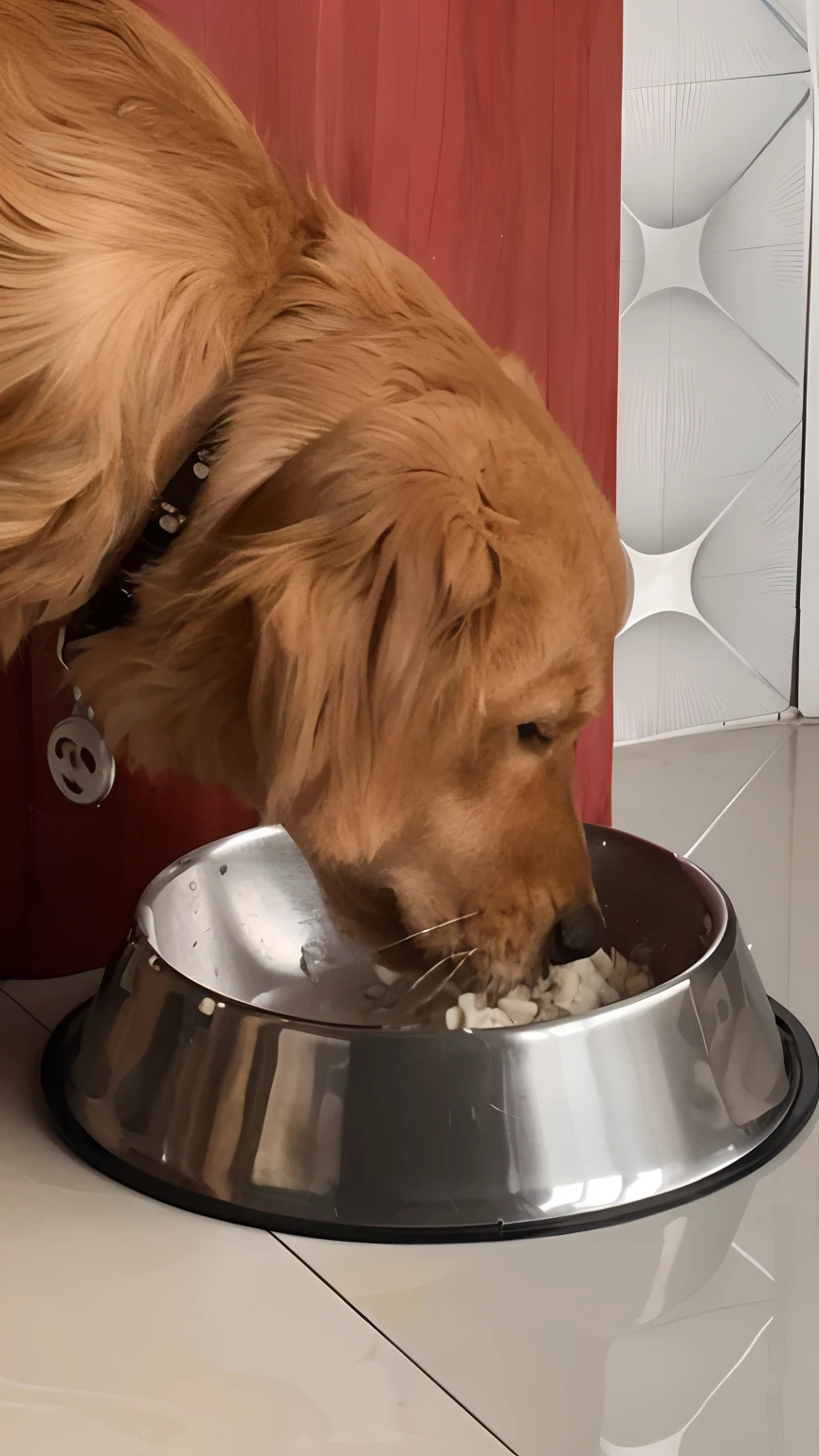 There was a dog eating in a bowl on the floor, filling with water, Very thirsty, bowl filled with food, having a snack, dinner is served, eating spaghetti from a bowl, there is full bedpan next to him, anthropomorphic dog eating, Ready to eat, Eating, closeup at the food, author:Emma Andievska