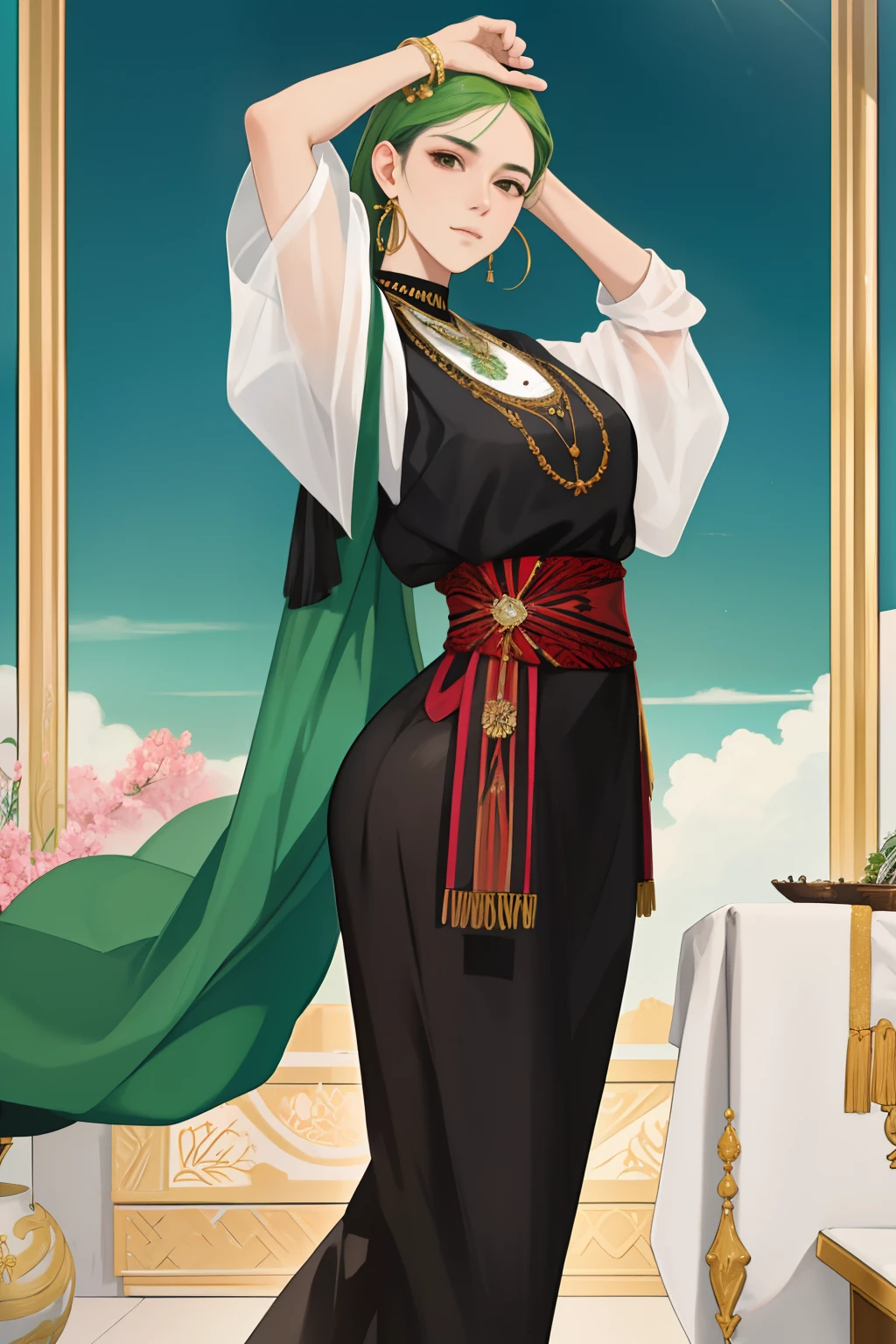 score_9, score_8_up, source_anime, 1girl, solo,The photo features a woman standing in traditional decorations. She is wearing traditional attire consisting of a light green kebaya with lace trim and a long green skirt with batik or butterfly patterns. The woman is also wearing white high-heeled sandals, and there is a frangipani flower tucked behind her left ear. The surrounding environment has ornate decorations, likely from Bali or Java. , (bound wirsts), (arms behind back), (tapegag, tape gag), dramatic,  (looking at viewer), (detailed pupils:1.3),pencil skirt ,red rope, thick rope,big breast,long hair,black hair,ponytail hair, flower ornament in ear 