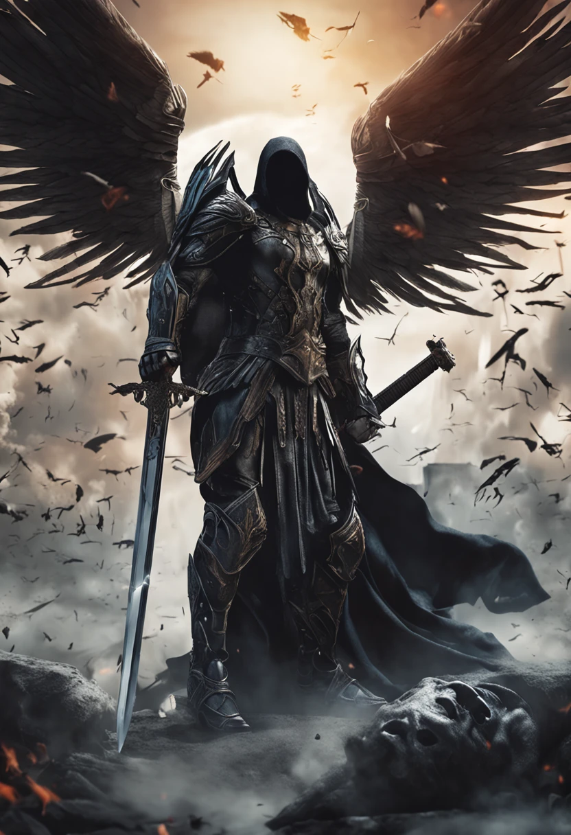 Realistic, 4K, Angels with big wings, Black clothes, one sword, Head hood in war background image (chaos)