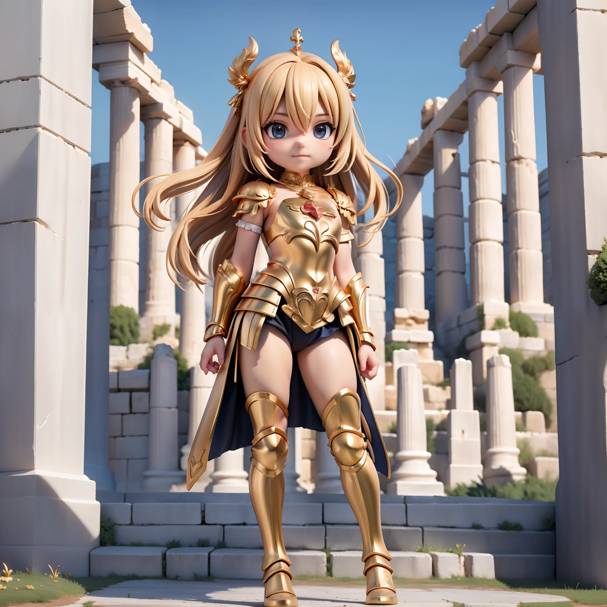 UHD, masterpiece, textured skin, super detail, high details, best quality, 1080P, SOLO，Q version style, 3D renderingof,royal knights，a  lovely cute girl，Wearing golden armor，Stand in front of the ancient Greek walls