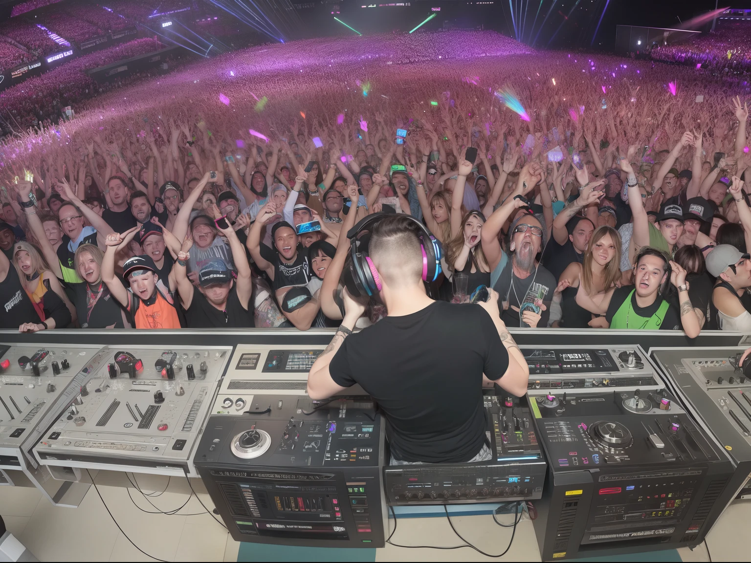 Please draw well-known DJs,Skrillex Please draw well-known DJs,deadmau5,Electronic Music Festival,dynamic blur,realistic scene,a realistic style,Long hair