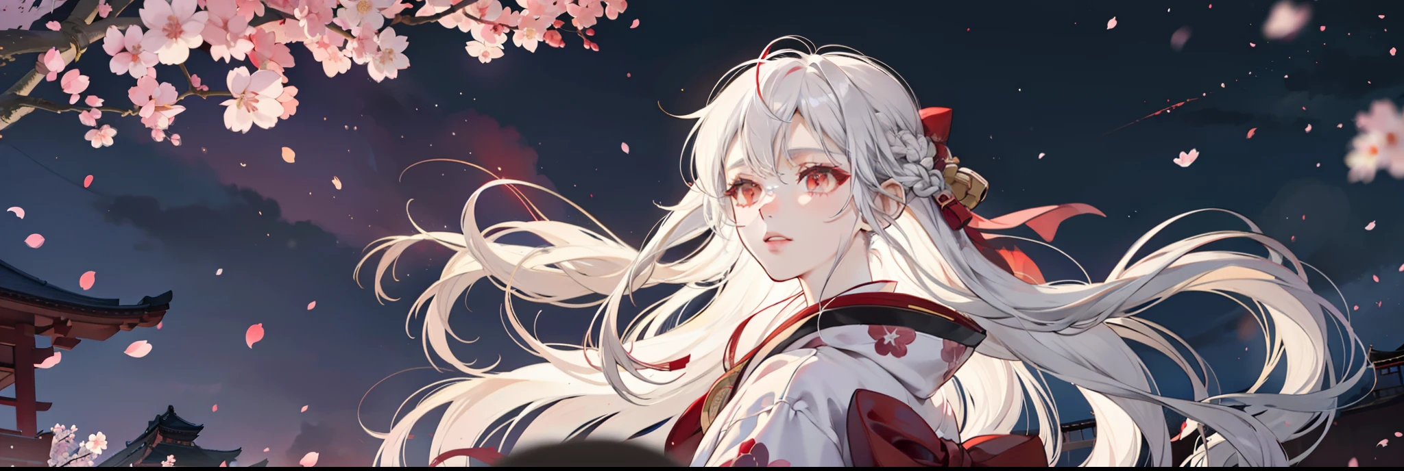 Girl in Japanese kimono,long layered silvery white hair,Long hair scattered,Long fluffy hair,red color eyes,Kimono with white,The feeling of the wind blowing,the night,Lights in the distance,Scattered cherry blossoms,Cinematic lenses,Light,atmosphere,Drawing,Full-HD,Ultra detailed,carefully drawn,
