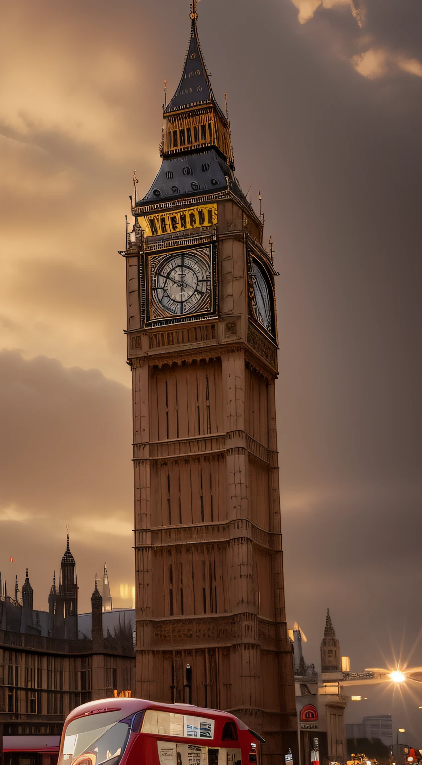 Araffe bus on the road in front of a tall clock tower, Grande Ben, Big Ben is in the background, Londres, Londres Big Ben no fundo, big clock, 4 0 9 6, clocktower, clocktower, Casas do Parlamento, As Casas do Parlamento, giant clock, Big Ben na Lua, facinante e imponente