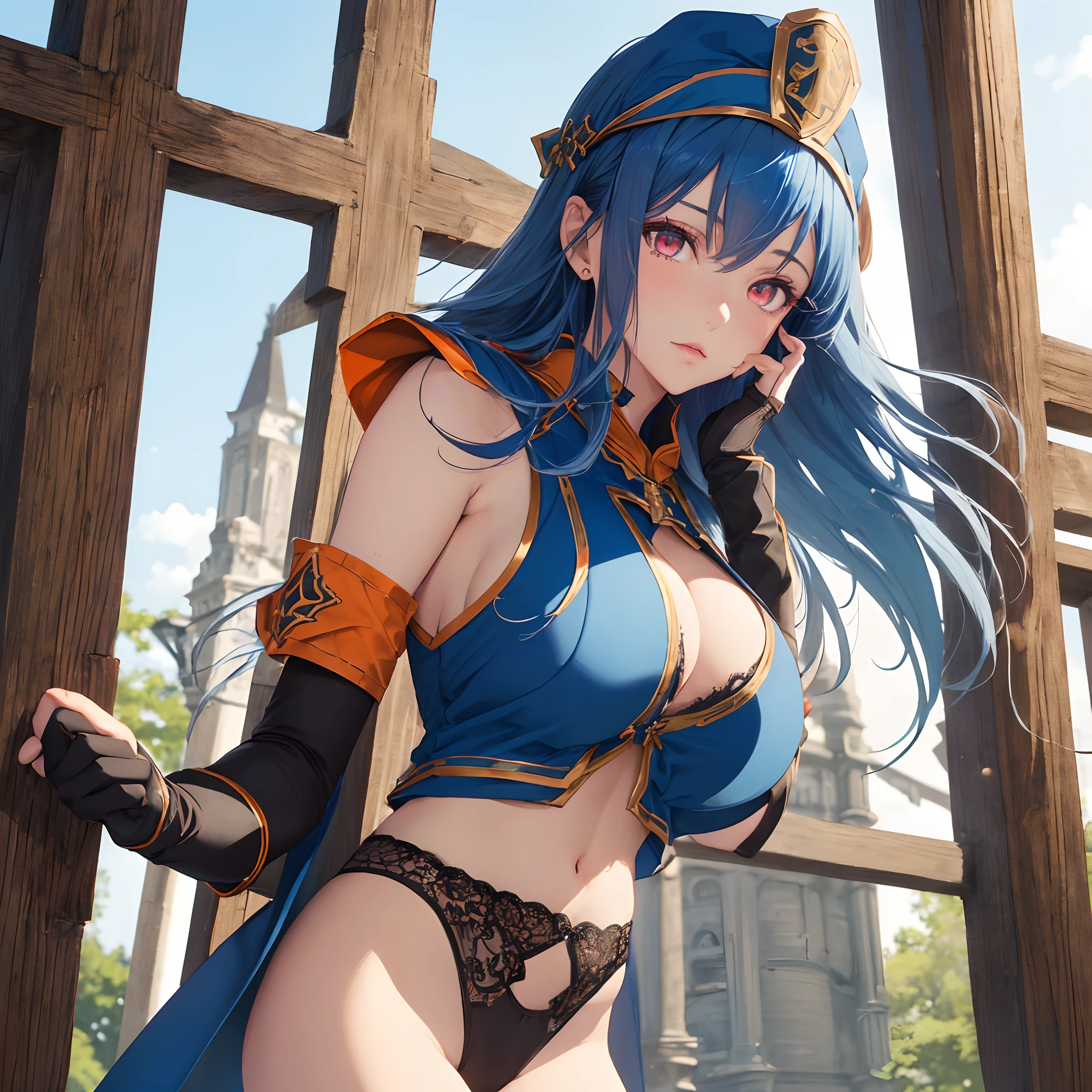 (Beautiful detailed eyes), (beautifull detailed face), (masutepiece, Best Quality:1.1), Priest \(DQ3\), 1girl in, Solo, Long hair, (Blue hair), (Red Eyes), (mitre), (tabard:1.4), (Crossprint), (Orange Elbow Gloves), Huge breasts, Holding, A staff, Nature, Blue sky, (Bare shoulders)、Black lace underwear is visible from the side、