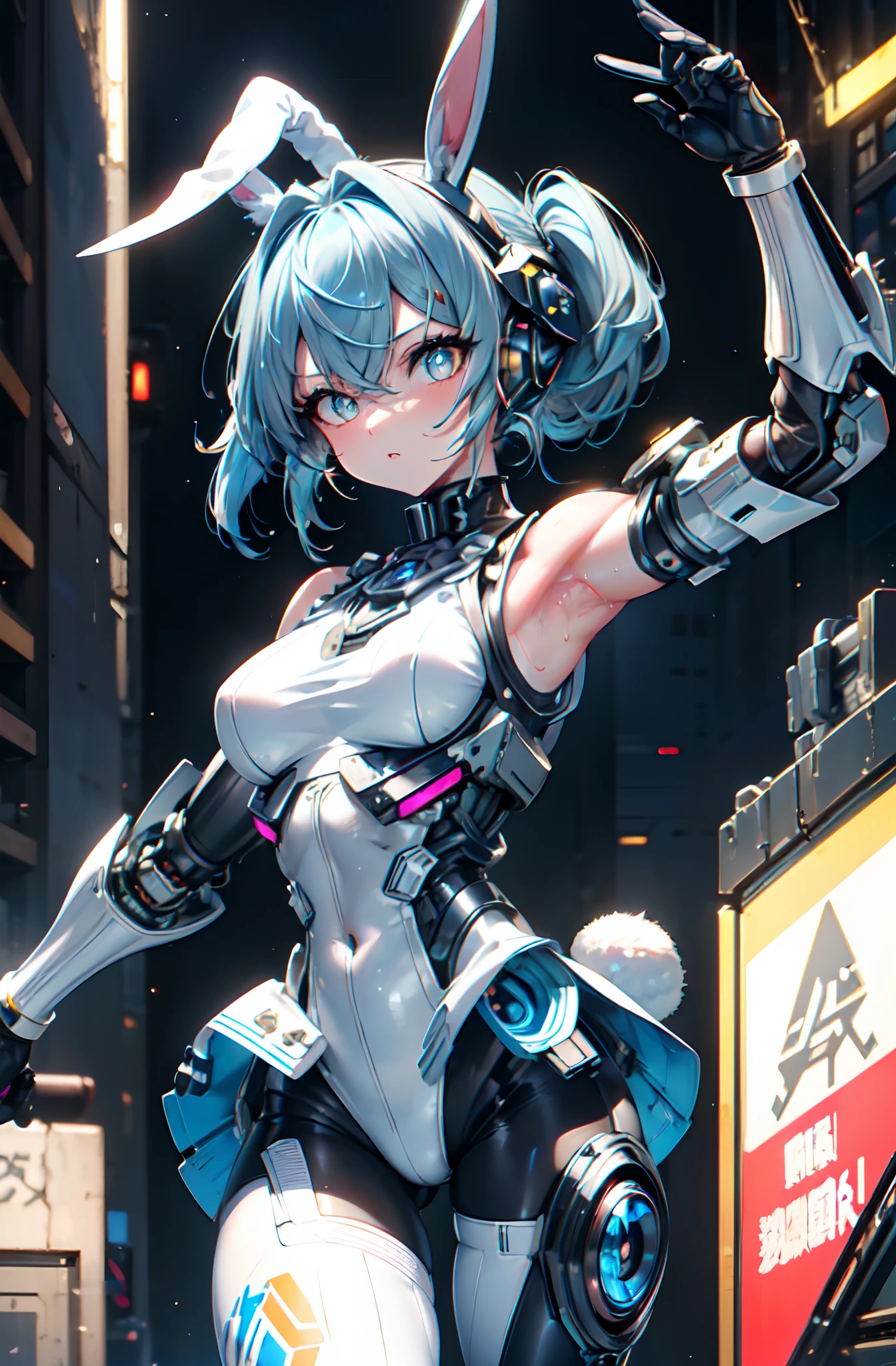 transcendent beautiful girl, (Masterpiece eyes:1.3), (Sleeveless exoskeleton tights:1.3), Sweat skin, (Blue hair, pony tails), (Exposed lateral chest, Exposed armpits, Exposed groin), cowboy_Shot, Side focus, Shiny, Huge_Breasts, Wide_lower back, (arms behind  head, Armpits), open stance, (Cybertech punk masks:1.2), cyber punk city, (Rabbit ears, Rabbit tail), Masterpiece, Best quality, Capture super cute moments, Depth of field, Ultra detailed, 超高分辨率, C4D, octal, 3D modeling, 8K, 16k,