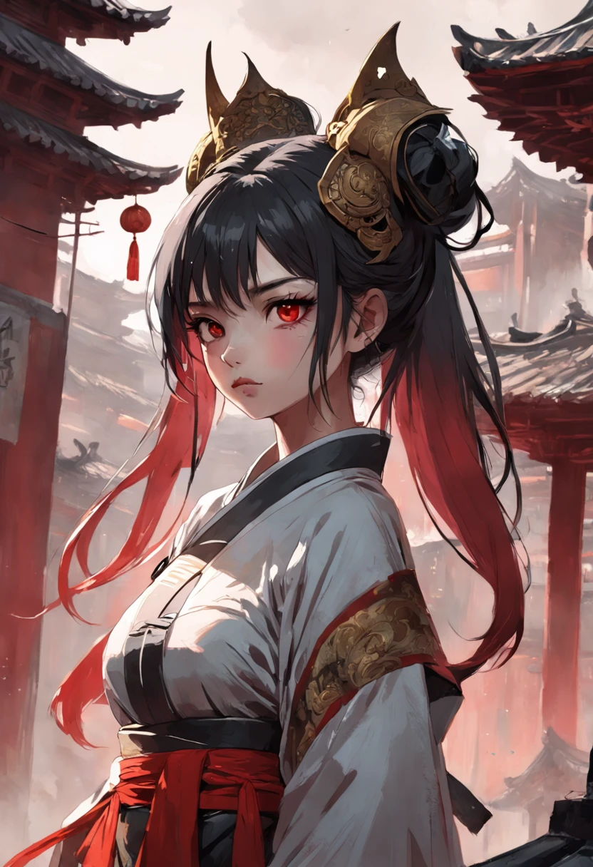 fine Illustration artestyle by Russ Mills,A city in ruins, Partially demolished buildings, with reddish sky with some clouds and golden sunlight behind. Sem pessoas na imagem,Longhaired Beauty,Tall and tall,Tang dynasty,Ancient China,Red eyes,The eyes are cold and evil,Chinese face,Impeccable,delicated,Ancient Hanfu,period costume,(Background with:Dark and terrifying,Countless ghosts,terroral,thriller)Cursed girl,Chinese horror,The mask is half masked,Ancient design sense mask Luis Royo, Darryl Zabrocki,mujer hermosa, Dynamic upper body posture, piel suave, ojos hyperdetailed, hiperrealismo, Altamente detallado, foco nítido, obra maestra, perfect composition, Science-Fiction, arte, claroscuro, Artstation, Motor Unreal 5, Renderizado de octanaje, 8k, UHD, Estilo de Losh, WLOP,1girl, maid, solo, black hair, hands on hips, apron, maid headdress, single hair bun, black eyes, hair bun, looking at viewer, maid apron, yellow elements, (armor, armored dress,:1.1), emotionless, narberal_gamma, highres, sharp focus, pixiv masterpiece, ((intricate details)), highly detailed,