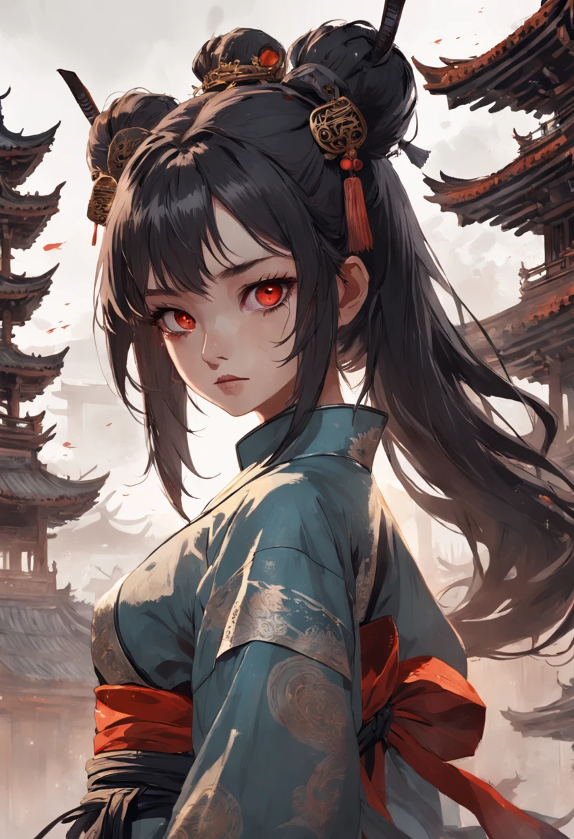 fine Illustration artestyle by Russ Mills,A city in ruins, Partially demolished buildings, with reddish sky with some clouds and golden sunlight behind. Sem pessoas na imagem,Longhaired Beauty,Tall and tall,Tang dynasty,Ancient China,Red eyes,The eyes are cold and evil,Chinese face,Impeccable,delicated,Ancient Hanfu,period costume,(Background with:Dark and terrifying,Countless ghosts,terroral,thriller)Cursed girl,Chinese horror,The mask is half masked,Ancient design sense mask Luis Royo, Darryl Zabrocki,mujer hermosa, Dynamic upper body posture, piel suave, ojos hyperdetailed, hiperrealismo, Altamente detallado, foco nítido, obra maestra, perfect composition, Science-Fiction, arte, claroscuro, Artstation, Motor Unreal 5, Renderizado de octanaje, 8k, UHD, Estilo de Losh, WLOP,1girl, maid, solo, black hair, hands on hips, apron, maid headdress, single hair bun, black eyes, hair bun, looking at viewer, maid apron, yellow elements, (armor, armored dress,:1.1), emotionless, narberal_gamma, highres, sharp focus, pixiv masterpiece, ((intricate details)), highly detailed,