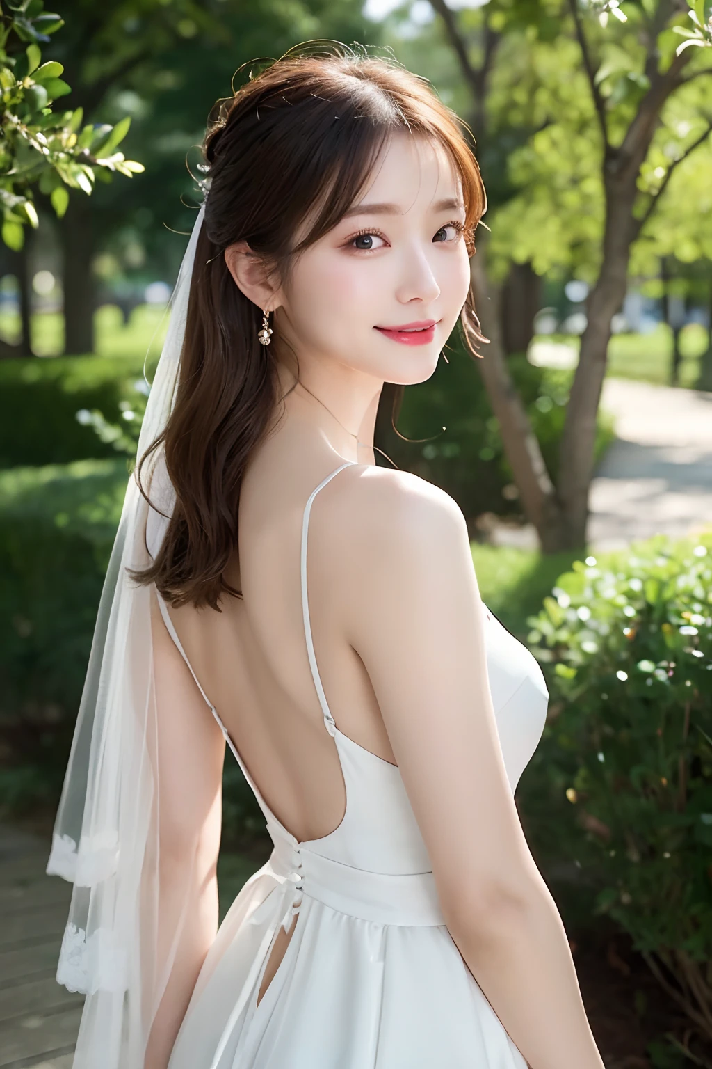 (top-quality、8K、32K、masterpiece、nffsw:1.2)、Random posture、(extremely delicate and beautiful work)、(masterpiece)、One girl、Highly Detailed Elegant Wedding Dresses、tiarra、veils、A highly detailed、A charming expression、Beautiful and clear eyes、Green pupil、delicate necklaces、Delicate earrings、Simple blurry background、in woods、Description of extreme details、Beautiful fece、A charming、Ultra-fine painting、delicated face、Delicate figure、thin clavicle、Beautiful lips、Soft back view、mix4、(8K、Raw photography、top-quality、masterpiece:1.2), (reallistic, Photorealsitic:1.37),1girl in,Cute,Cityscape, natta, Sateen, Wetty, Professional Lighting, Photon mapping, Radio City, physically-based renderingt, above waist、(a smile:1.1)