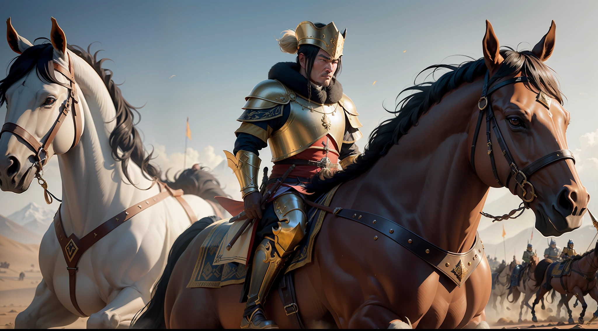24K quality,cinematic compositions,finetextures,Impact screen,motionblur,In the Middle Ages, The Mongol Golden Horde goes on an expedition to Europe,Fierce male cavalry,Mongolian elite heavy cavalry,The cavalry was armed with spears,Plain conquest,Mongol cavalry in heavy cavalry armor,Tall and strong war horse,War horses are equipped with heavy white iron armor,Kick up dust