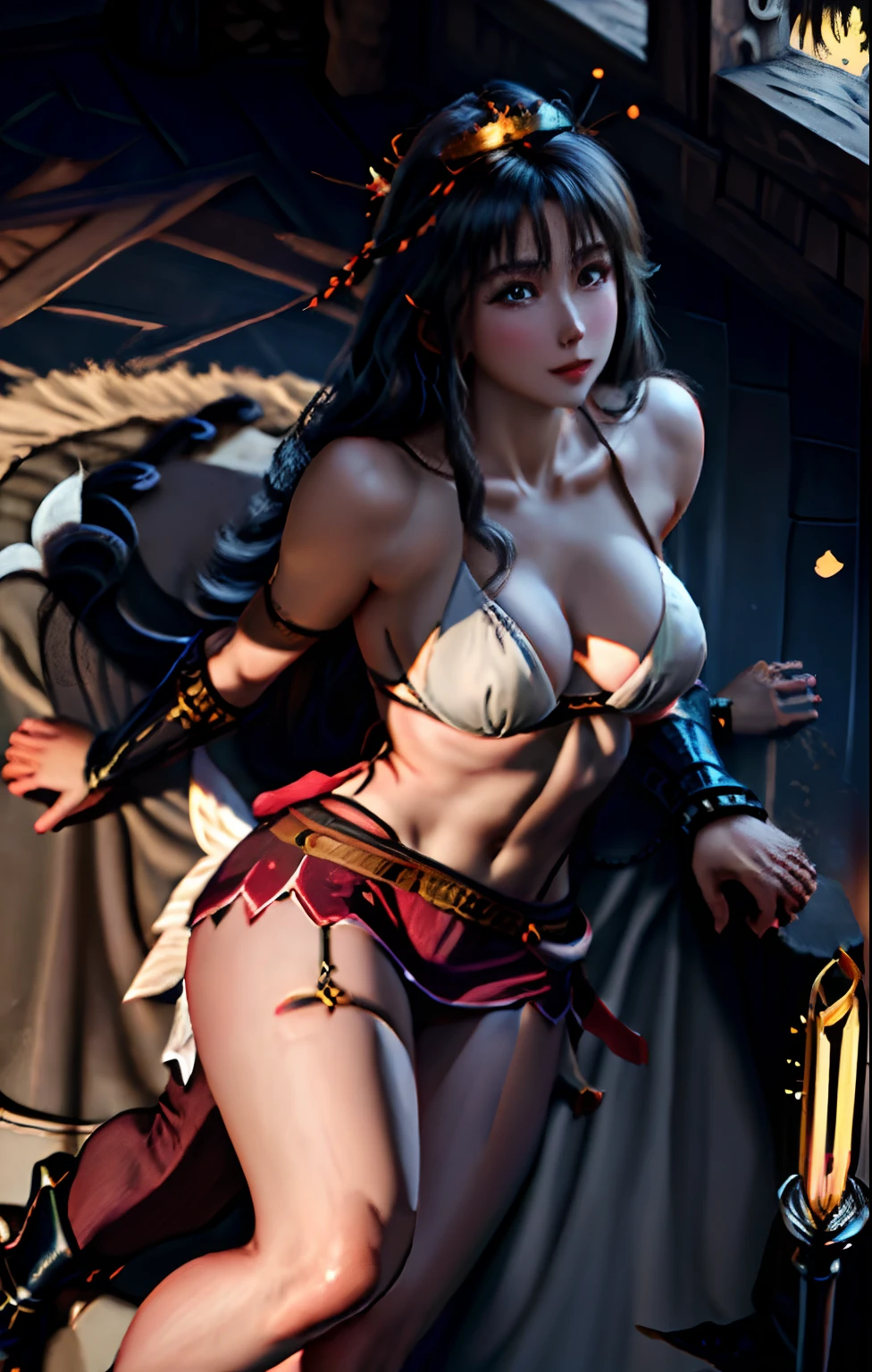 a princess, beautiful, happy, ancient skimpy clothing, big breasts, long legs, in a palace, best shadow, bright details,sharp,perfect composistion, Intricate, Sharp focus, dramatic, (specular lighting:1.3),rim light, princess, royal skimpy topless, hugging, full body