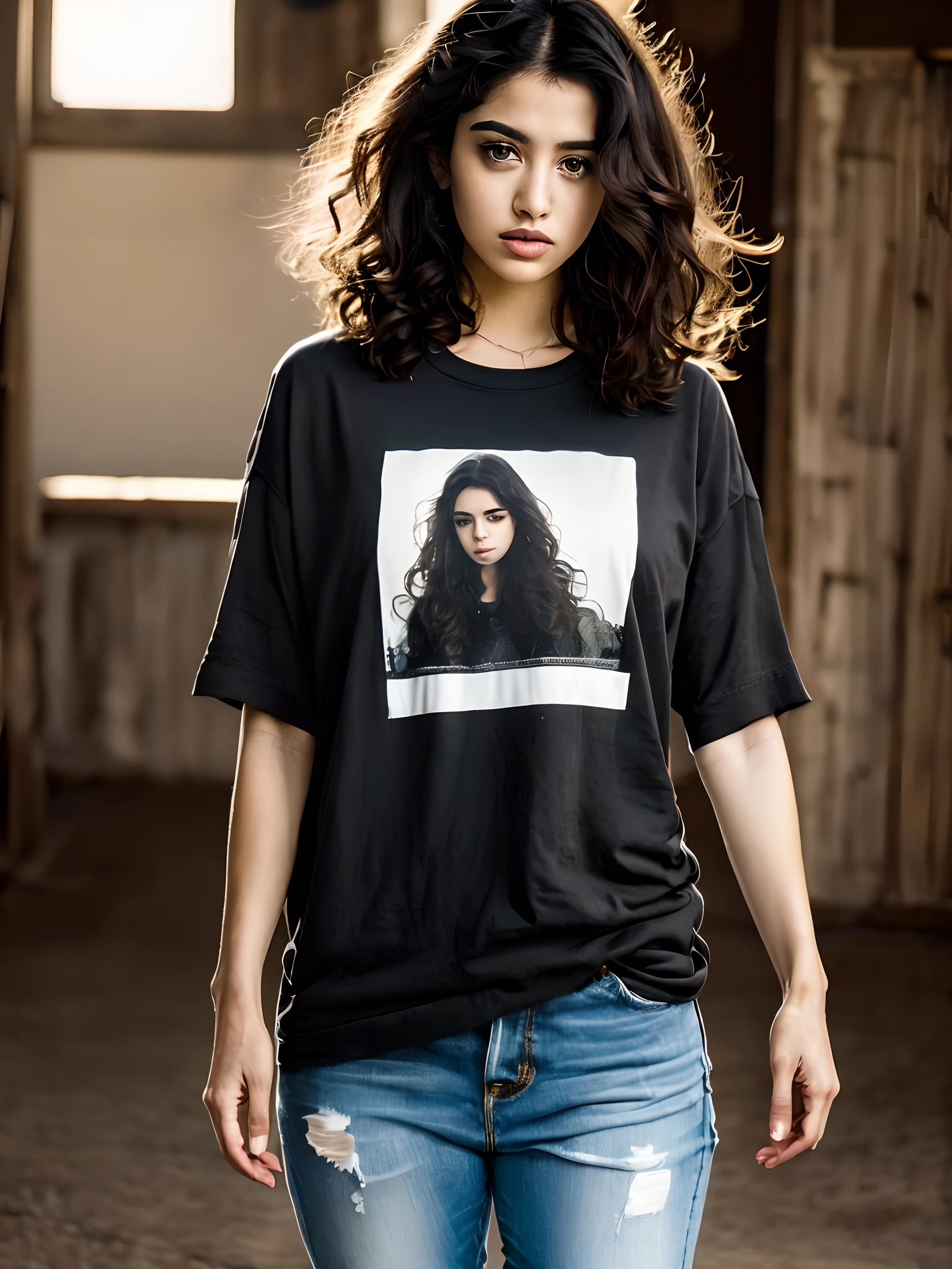 (photo shoot style), Pakistani girl with a beautiful figure ((wears old torn black round neck baggy Teeshirt)), no print on Teeshirt, short sleeves basic length, black damage jeans, (shy), (((full-length) 27 years old Pakistani beautiful girl, solo, black, curly and disheveled hair, very detailed face, beautiful black eyes, pakistan girl, surrounded by an old American ranch, barn, charming, Medium breasts, bouncy breasts, sad eyes, stunningly beautiful, (Rembrandt lighting), Zeiss lens, ultra-realistic, (high skin detail: 1.2), 8k uhd, dslr, Dramatic Rim light, high quality, Fujifilm XT3,