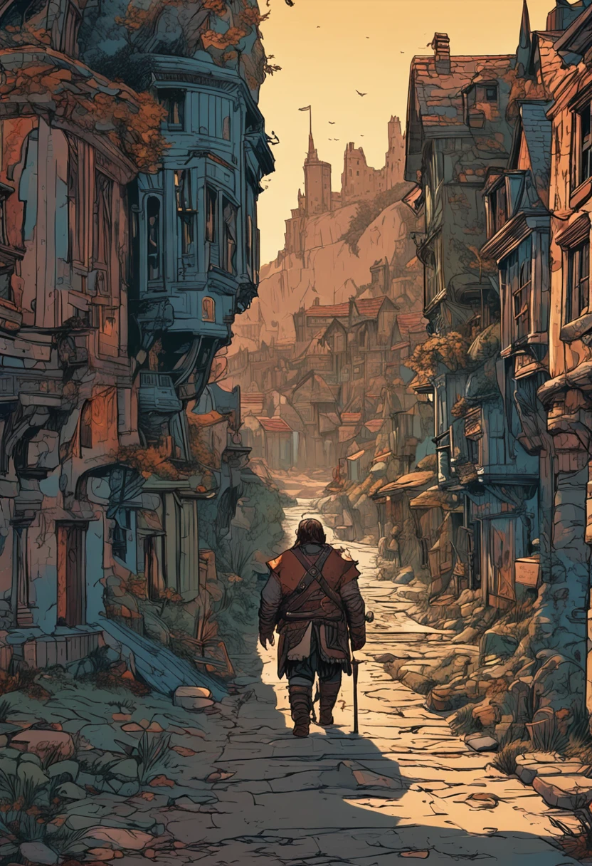The dwarves of Liesenthayer carry a large sword on their backs、The place I am walking is a country road、You can see the city、It is a rural landscape