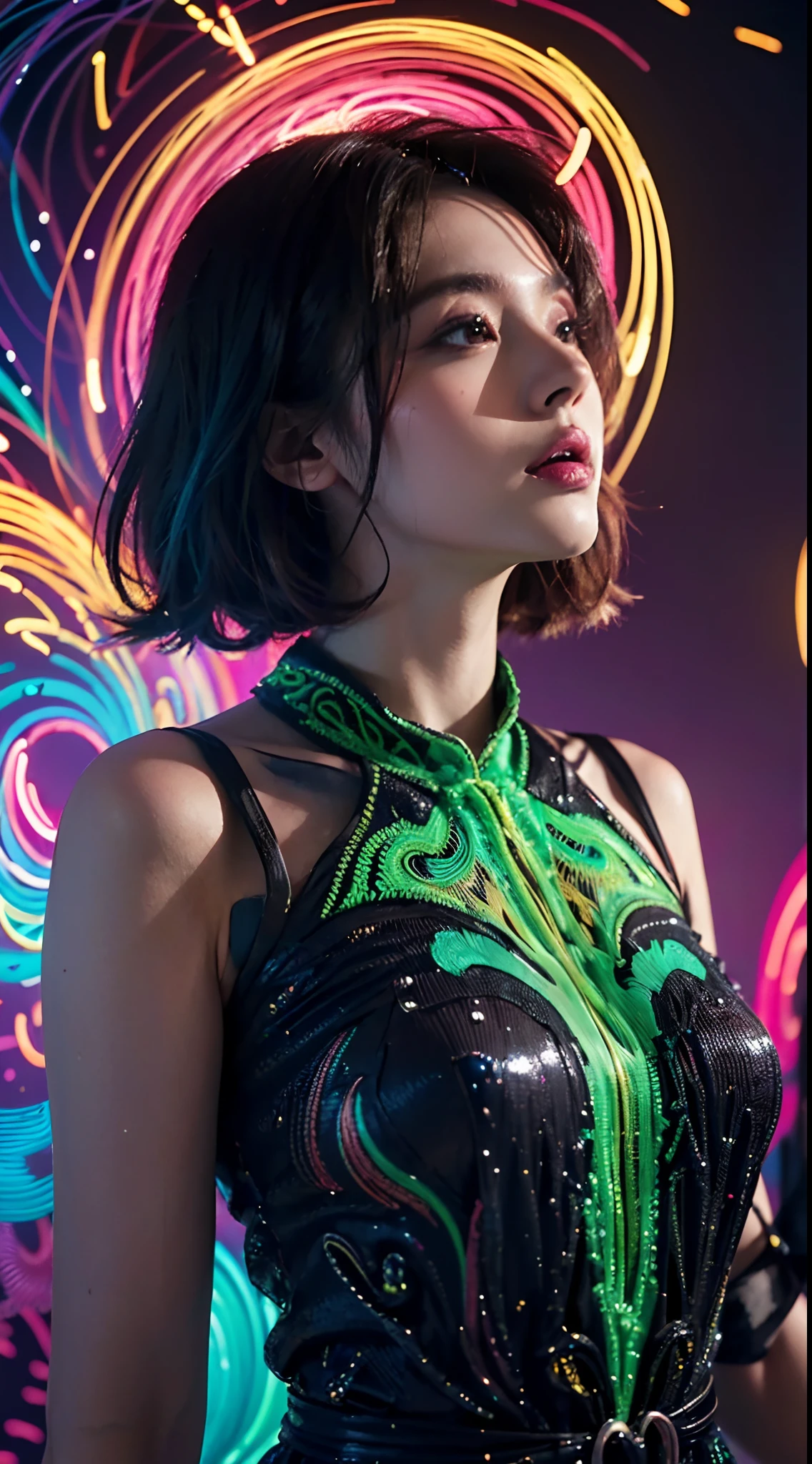 (masterpiece, top quality, best quality, official art, beautiful and aesthetic:1.2), (1girl:1.3), extremely detailed,(fractal art:1.2),colorful,highest detailed,( zentangle neon:1.2), (dynamic pose), (abstract background neon:1.5), (treditional dress:1.2), (shiny skin), (many colors:1.4), upper body ,Neon,16K,Full HD