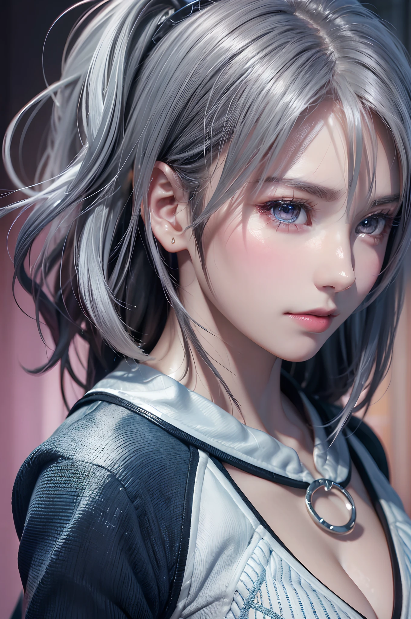 top-quality、8K Masterpiece、超A high resolution、(Photorealsitic:1.3)、Raw photo、女の子1人、silver white hair、glowy skin、1 Cyberpunk Super Beautiful Soldier、((super realistic details))、portlate、globalillumination、Shadow、octan render、8K、ultrasharp、beauty breast、Raw skin is exposed in cleavage、metals、cold color、、highly intricate detail、Realistic light、CGSoation Trends、Beautiful eyes、radiant eyes、Facing the camera、neon details、