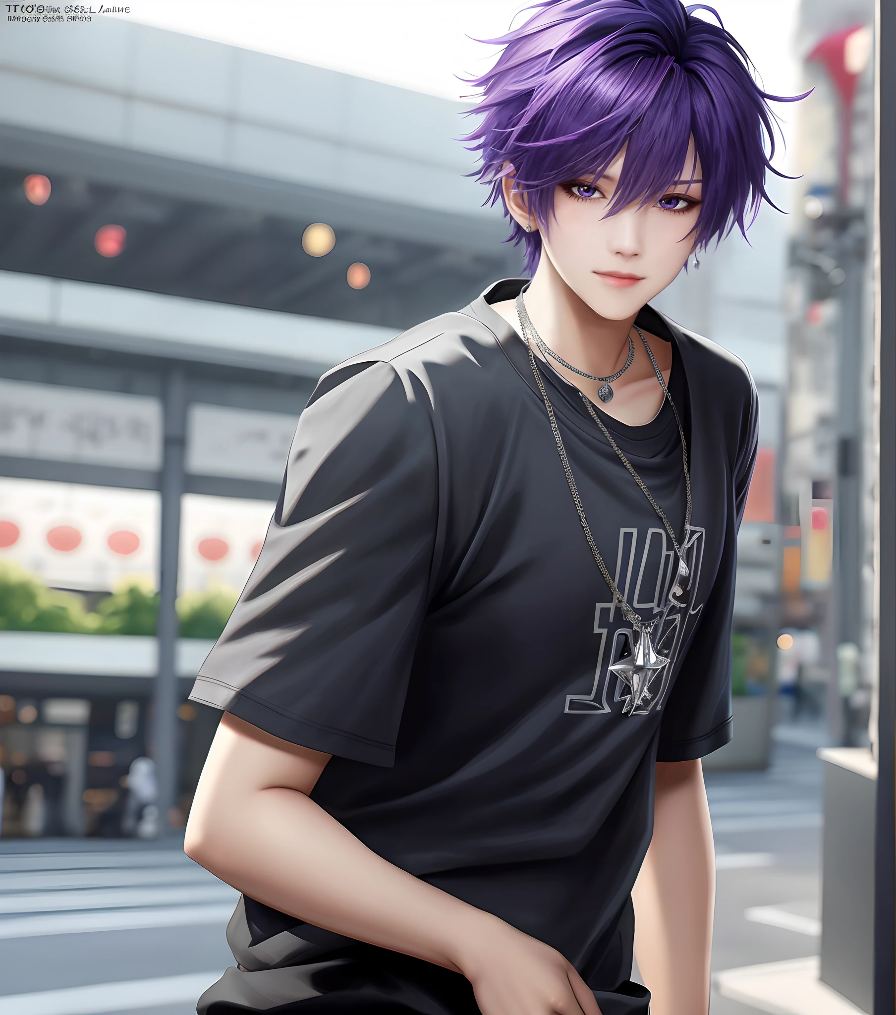 Englandtown, Professional Photos, shot from back, Photographed so that the whole body can be seen, shot from back, By Fedman with a necklace, inspired by Sim Sa-jeong, androgynous vampire, :9 detailed face: 8, extra detailed face, detailed punk hair, ((Gray)) baggy eyes, Seductive. Highly detailed, semi realistic anime, Vampires, hyperrealistic , delicate androgynous prince, imvu, Bright purple hair, Gray eyes, Cool Korean fashion in black short sleeve t-shirt, Hiding both eyes with bangs, I can't see both eyes with bangs, Long bangs, short hair above the ears, Glaring expression, Wild look, Grinning expression, looking distantly, high-level image quality, masterpiece,
