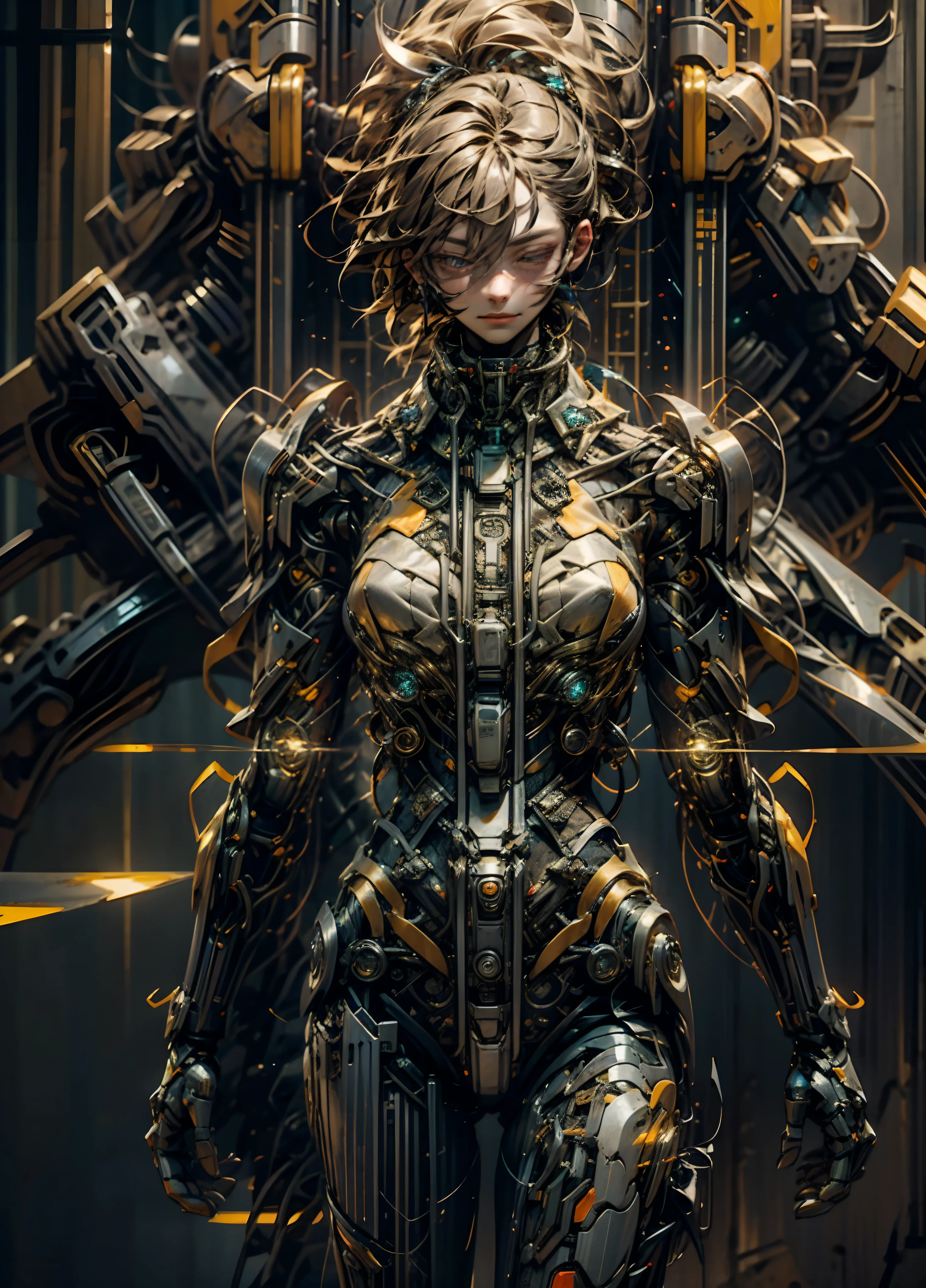 Dark_Fantasy,Cyberpunk,(chain saw,chain saw man,Red:1.1),1man,Mechanical marvel,Robotic presence,Cybernetic guardian, wearing a worn-out mech suit, intricate, (steel metal [rusty]), elegant, clear focus, shot by greg rutkowski, soft lighting, vibrant colors, masterpiece, ((street)), cowboy shot, dynamic pose,