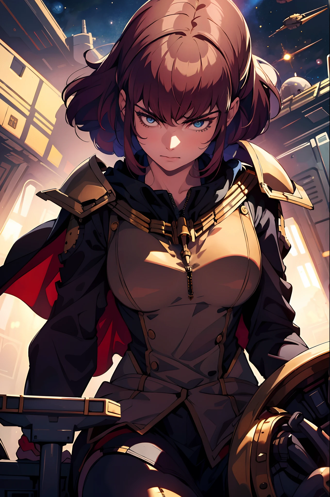absurdres, (best quality), (masterpiece),(ultra-detailed:1.2),(photorealistic:1.2),(highres),(front:1.3),upper body,
1girl,solo,sitting,mature women,angry,Forehead wrinkles,shaded face,cape,bare shoulder,golden embroidery,elaborate ,
haman karn, (spats:1.1),
expressionless,
(cockpit:1.5),(space:1.1),universe,
dark theme,