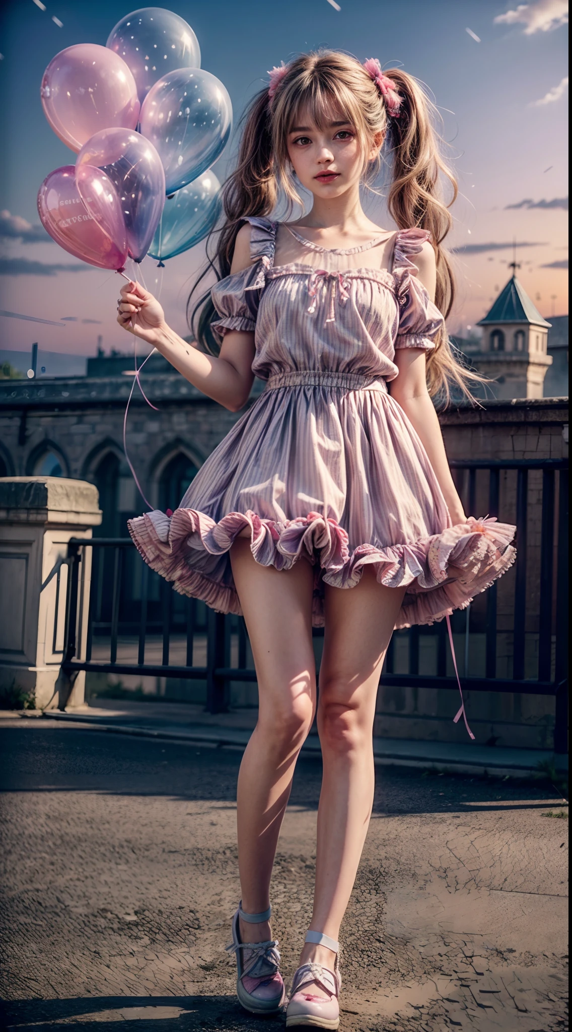 (holding balloons), (((full body))), real photo, 11 years old girl, Brat female , (((drawers))), ((looking back at me)), twin tails, big ribbon, silver boots,