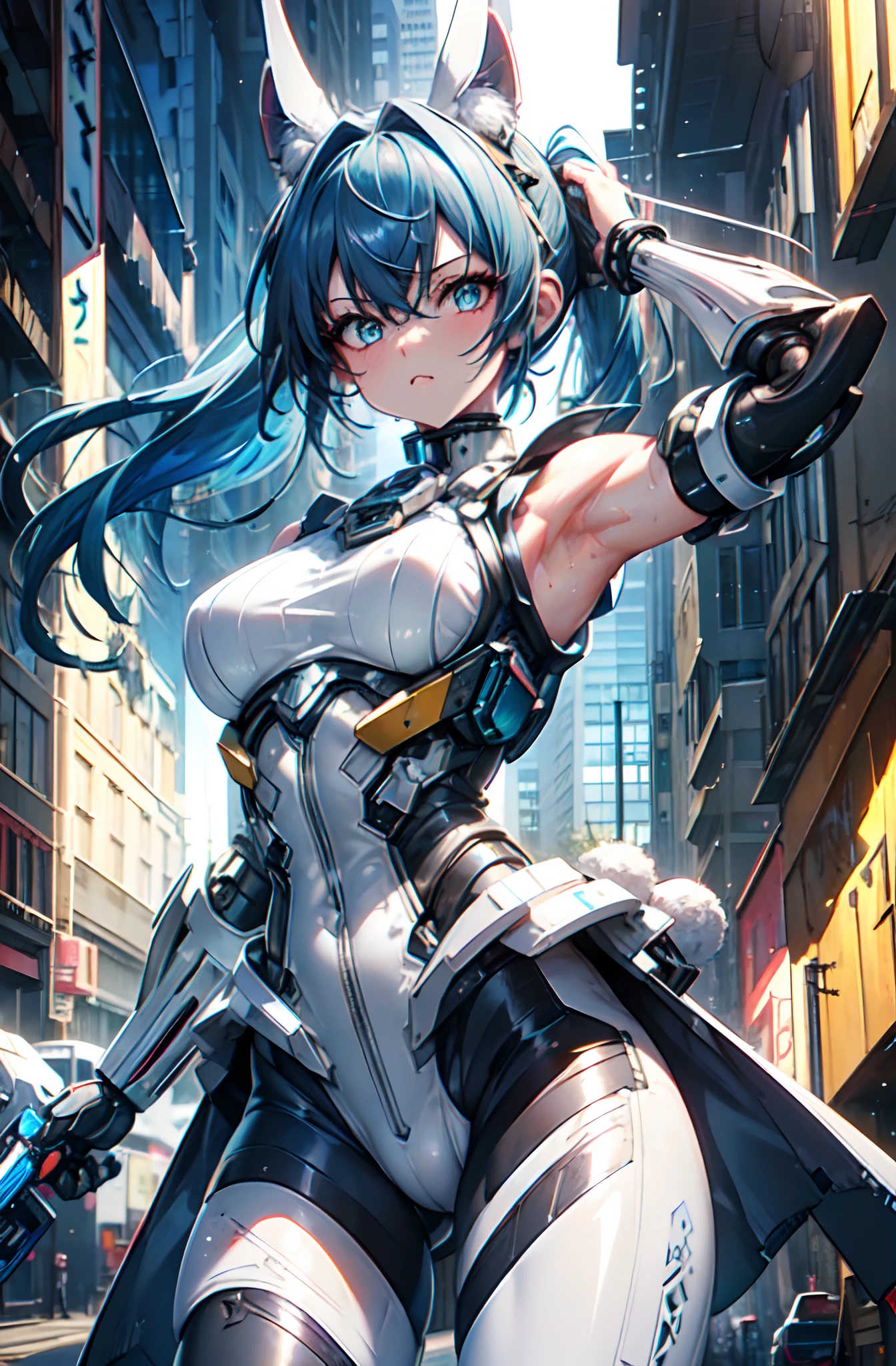 transcendent beautiful girl, (Masterpiece eyes:1.3), (Sleeveless exoskeleton leggings:1.3), Sweat skin, (Blue hair, pony tails), (Exposed lateral chest, Exposed armpits, Exposed groin), cowboy_Shot, Side focus, Shiny, Huge_Breasts, Wide_lower back, (arms behind head, Armpits), open stance, (Cybertech punk mask:1.2), cyber punk city, (Rabbit ears, Rabbit tail), Masterpiece, Best quality, Capture super cute moments, Depth of field, Ultra detailed, 超高分辨率, C4D, octal, 3D modeling, 8K, 16k,