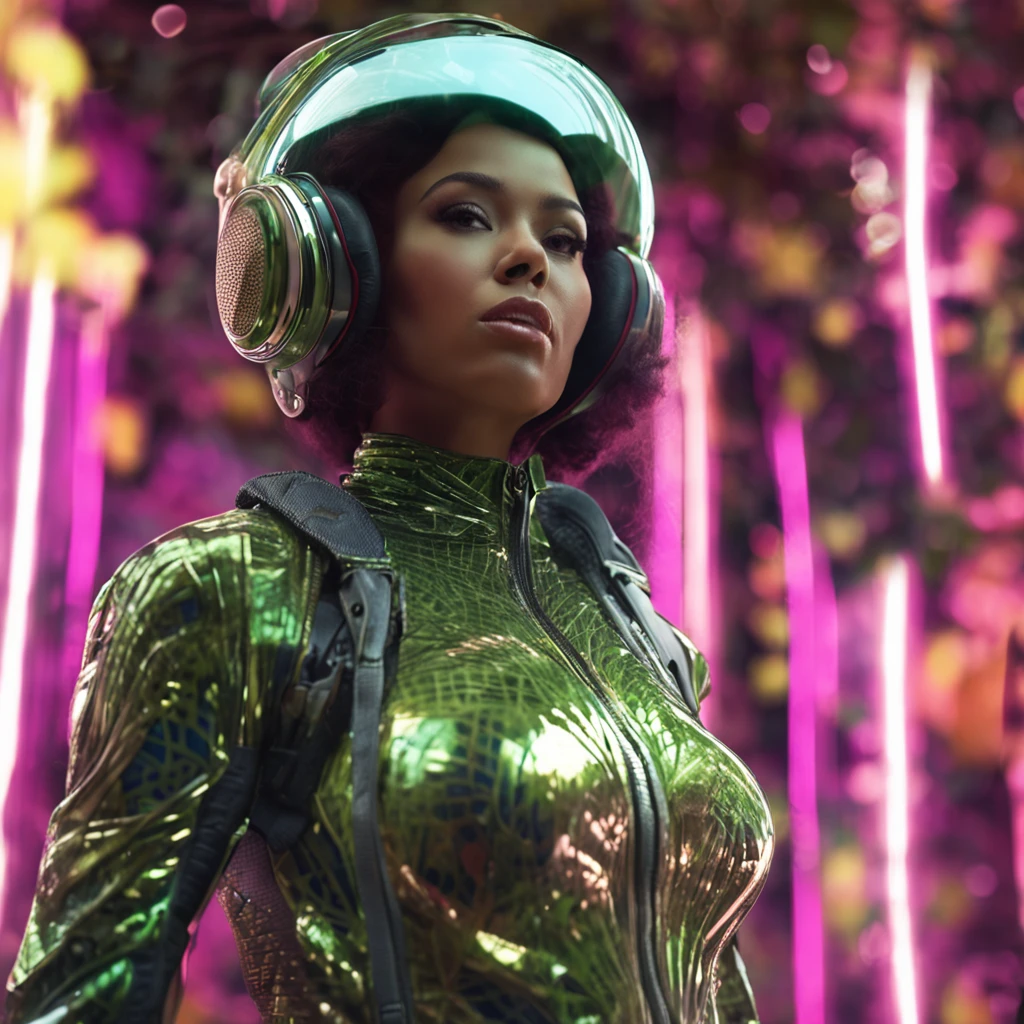 android, (bamboo forest:1), (Adult Spanish woman:1.6), (full body:1.3) (polyvinyl Jacket With Rivets:1.3), astro helmet (open zipper:1.7), (sexy:1.5), (erotic:1.5), (afro hairstyle:1.6), best quality, sunlight, detailed face, gorgeous eyes, realistic skin details, high quality, seen from below, translucent, (voluptuous:1.6), sensual, lascivious, dominant, romantic, high quality, film grain, Cinematic Light, sidelighting, sharp focus