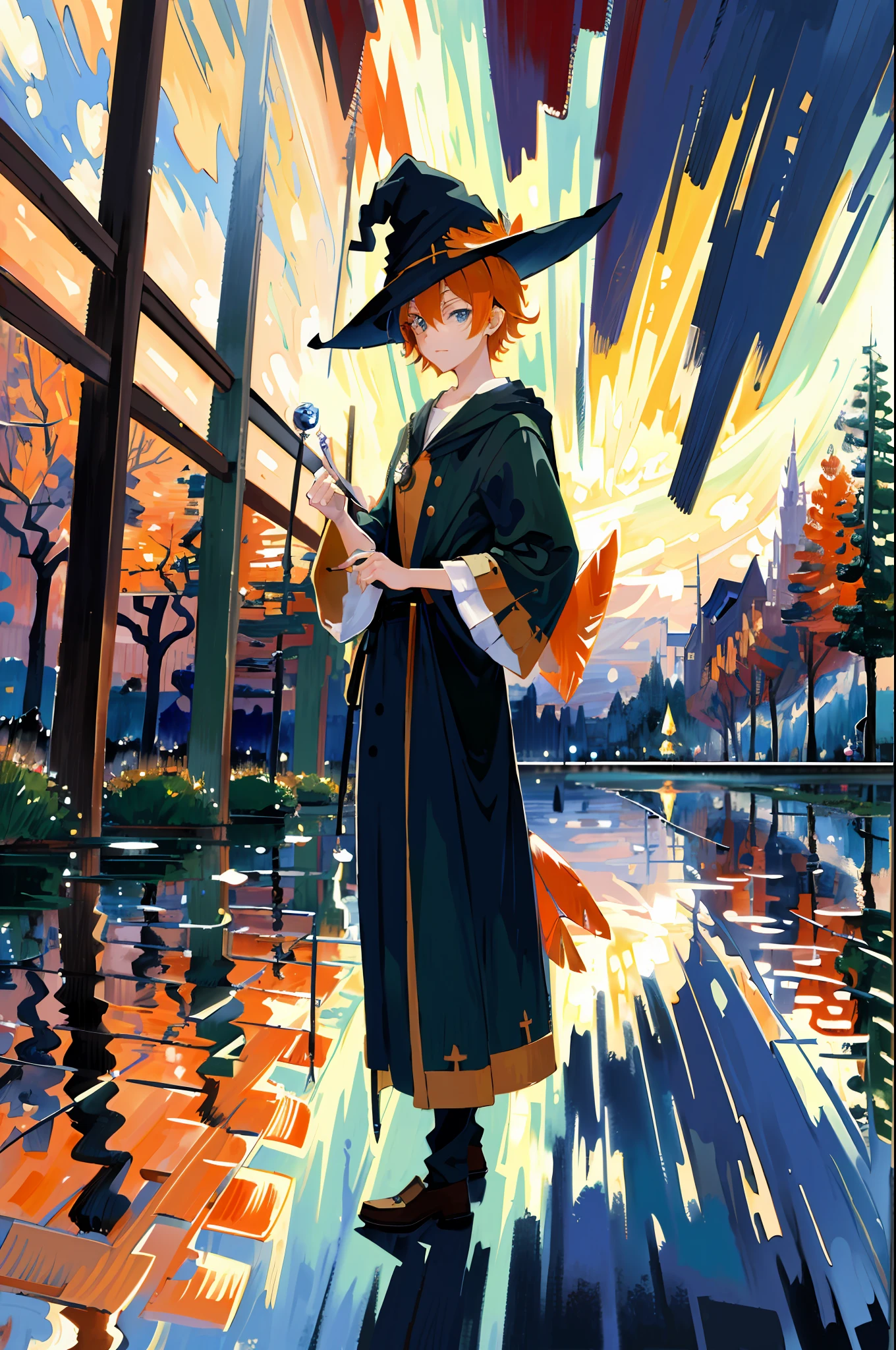 ((masutepiece:1.2, Best Quality)), (1guy:1.2), Solo, Short, (Witch Hat), Orange hair, Short hair, Feather robes, Sunset (skyporn), skyporn, Light blue eyes, Magic, casting spell, dark clouds, (Impressionism:1.4)