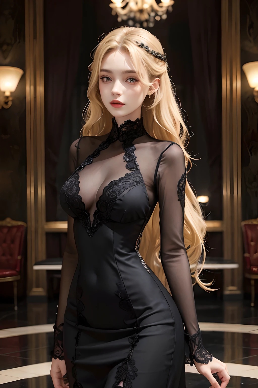 best qualtiy,A beautiful 20 year old woman,Long wavy blonde hair,black lace dress,Slim figure,Eye waves,Outstanding temperament