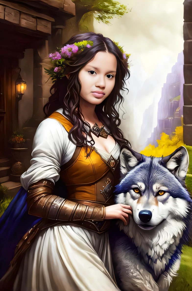 a woman in a dress holding a wolf in front of a building, Magali Villeneuve», Graphic artist Magali Villeneuve, Luthien, inspirado em Magali Villeneuve, Magali Villeneuve e Monet, No estilo de Anne Stokes, Directed by: Magali Villeneuve, female anthropomorphic wolf, retrato bonito da arte da fantasia, realistic fantasy illustration