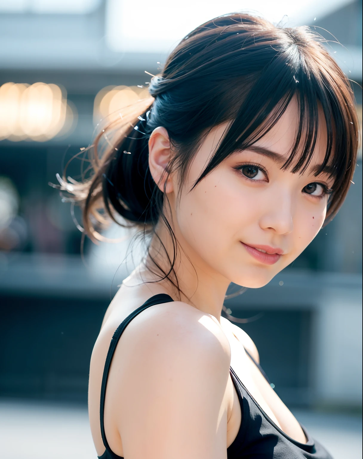 Top Quality, Photorealistic, 8k, High Resolution, Girl, 1 Woman, (Skin Dent), (Professional Lighting, Bokeh), (Street), (People, Crowd: 0.6), Back View, City, Black Hair, Black T-Shirt, (Portrait: 0.6), Gorgeous, Bloom, (Floating Hair), (Light Particles, Lens Flare, Luminous Particles: 0.6), Soft Lighting,