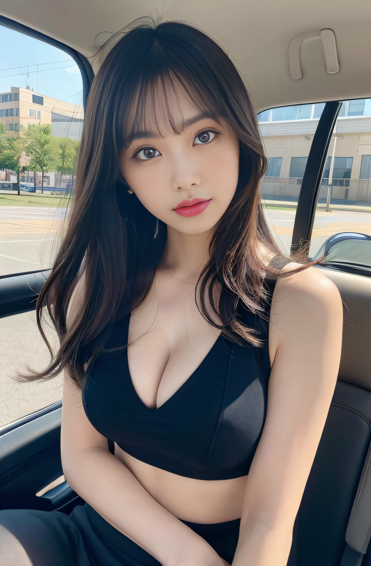There is a woman sitting in a car with a bag on her lap, legs taking your pov, sitting in her car, legs showing, Driving, [ photos realistic ]!!, ergonomic, pantyhose tights, 4l, wearing kneesocks, Women's Gigachad, Right-hand drive, Ha12.0, 24 year old woman in black baggy t-shirt, Short sleeves, Basic round neck、(Photo Real:1.4, Elastic medium-breasted, Very adorable tilquish beauty 1 girl、(Brightening light:1.2)、(Increase quality:1.4)、 (Top quality real texture skins:1.4)、 (Mood up the body line:1.1)、(Improve skin texture:1.1), tmasterpiece，best qualtiy, 1girll，1boy ，Frolic，At the School Art Festival，On the playground，closeup cleavage，brightened，cheerfulness，Warm and soft sunshine，at noon，(Raw photography、4K、​masterpiece、hight resolution、very intricate)(realisitic:1.4)、Delicate girl illuminating facial features in a movie、View Viewer 1 Girl、single focus、Hot、Muscle whitening、(Colossal tits、cleavage of the breast)、(top-quality)、(Hi-Res)、(extremely delicate and beautiful)、(Beautiful 8k face)、(Brown-eyed)、(ulzzang-6500:1.0)、(独奏)、(Watching side)、(audience)、(Colossal tits)、(nffsw)、Stooping、((Basketball sportswear))、(Playing Basketball)、((Gymnasium))