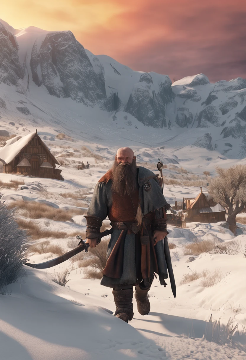 The dwarves of Liesenthayer carry a large sword on their backs、The place I am walking is a country road、You can see the city、It is a rural landscape
