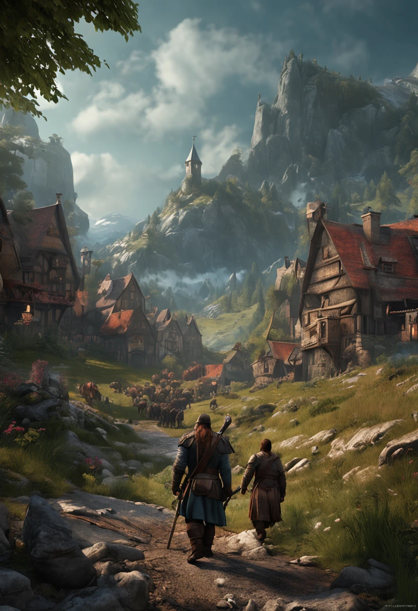 The dwarves of Liesenthayer carry a large sword on their backs、The place I am walking is a country road、You can see the city、It is a rural landscape