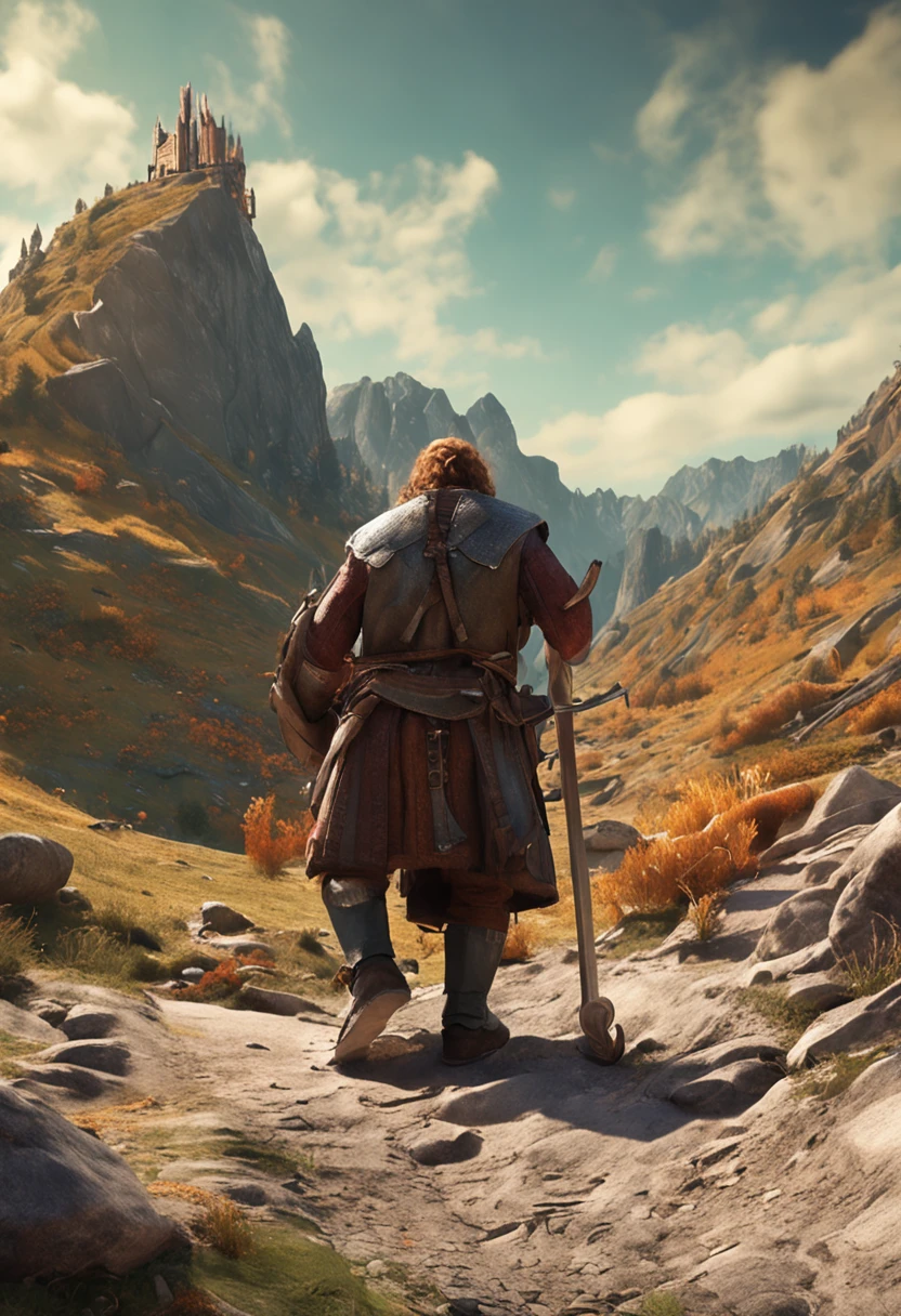 The dwarves of Liesenthayer carry a large sword on their backs、The place I am walking is a country road、You can see the city、It is a rural landscape