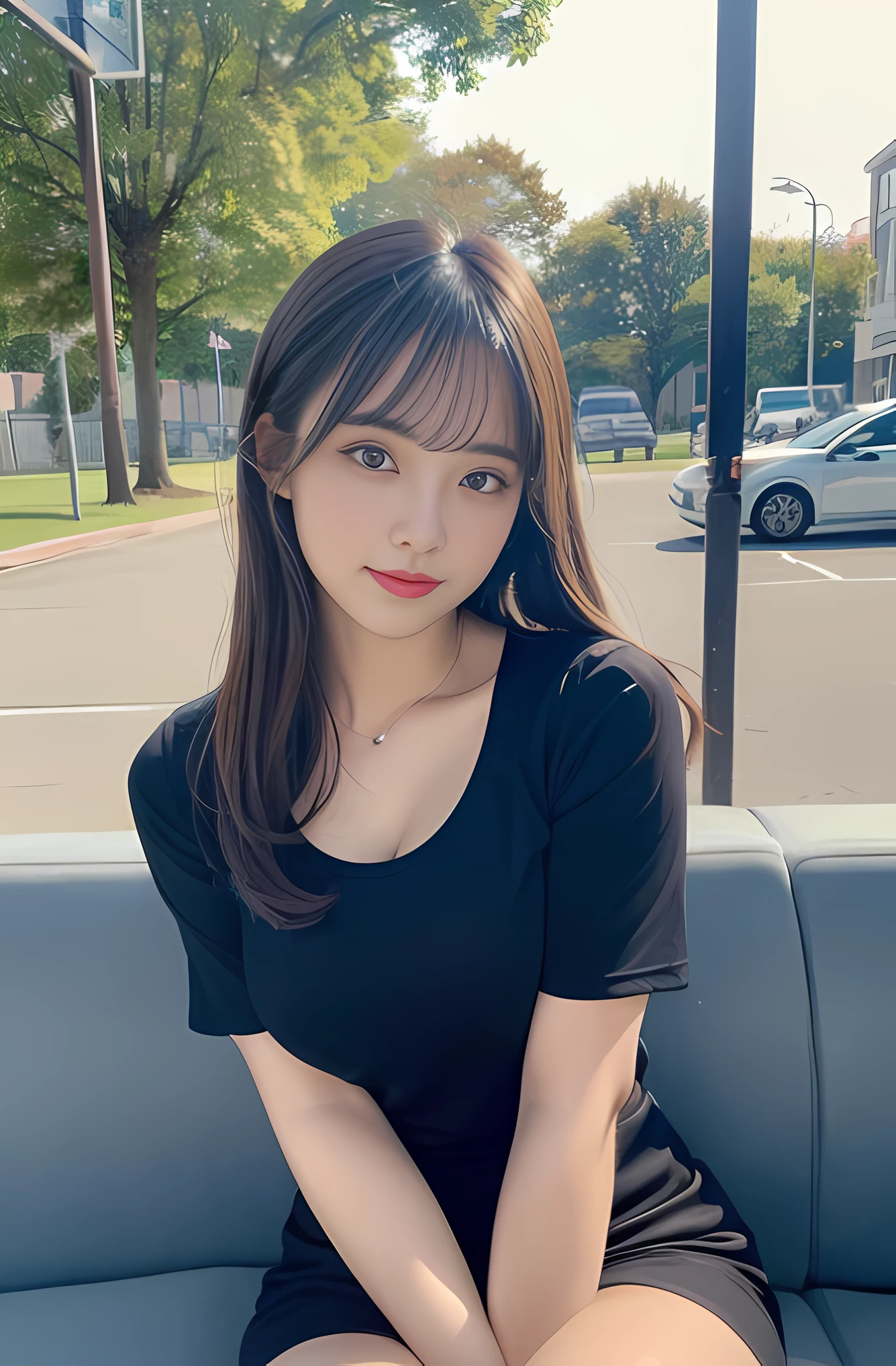 ,Highest quality, figure, Super detailed, In detail, High resolution, 8k wallpaper, Thick lips、Perfect dynamic composition, Glossy with oil々Skin、Korean、 long hair、Hair removal、Full nudity、Wearing a T-shirt、Upper Body、Narrow waist、Big Breasts、 Natural color lip, Bold sexy pose,Inside the car、cute、Selfie、NSFW、Incême、Up Angle、Selfie、Facing forward
