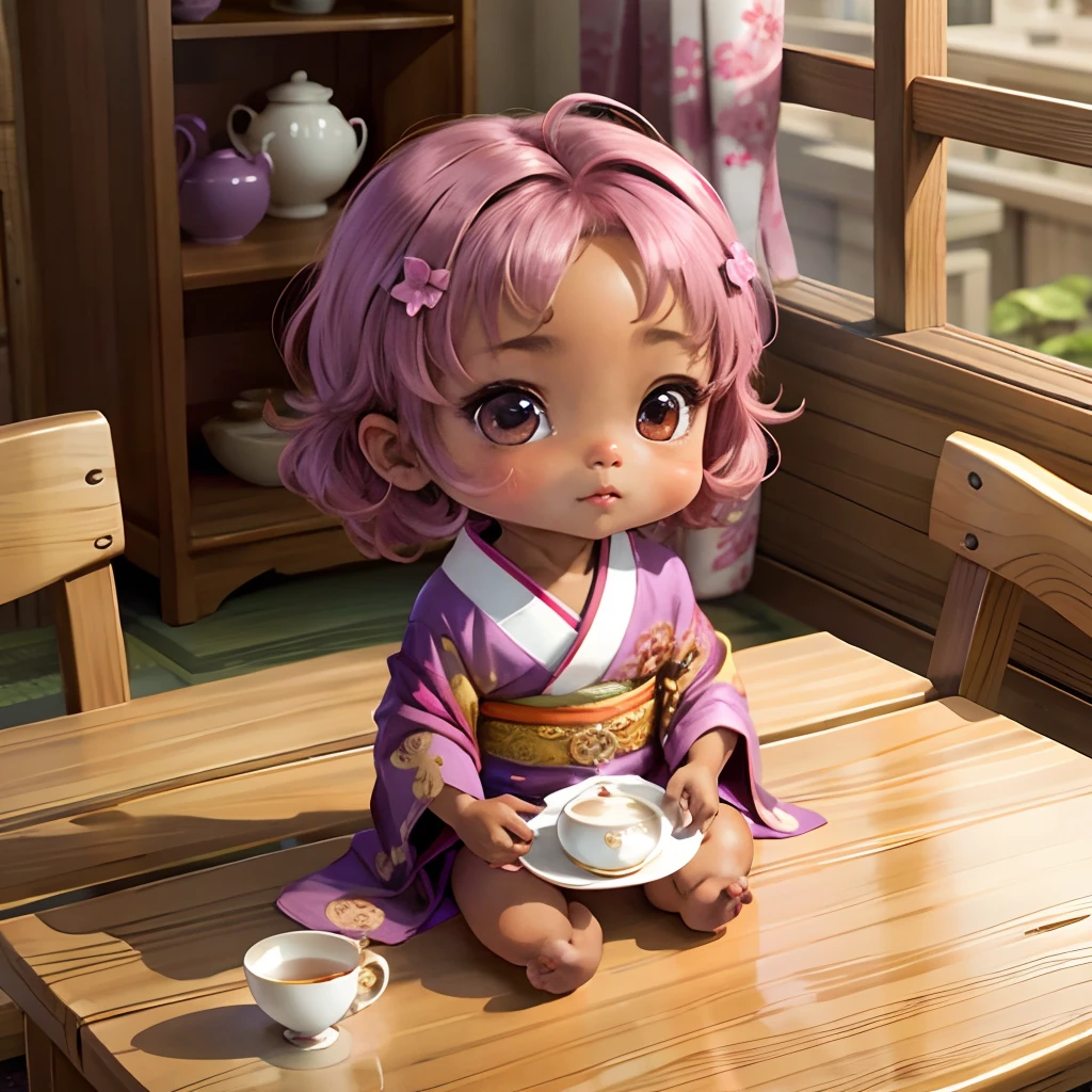 Cute brown skinned baby chibi anime, purple and pink kimono, sit in tea cup