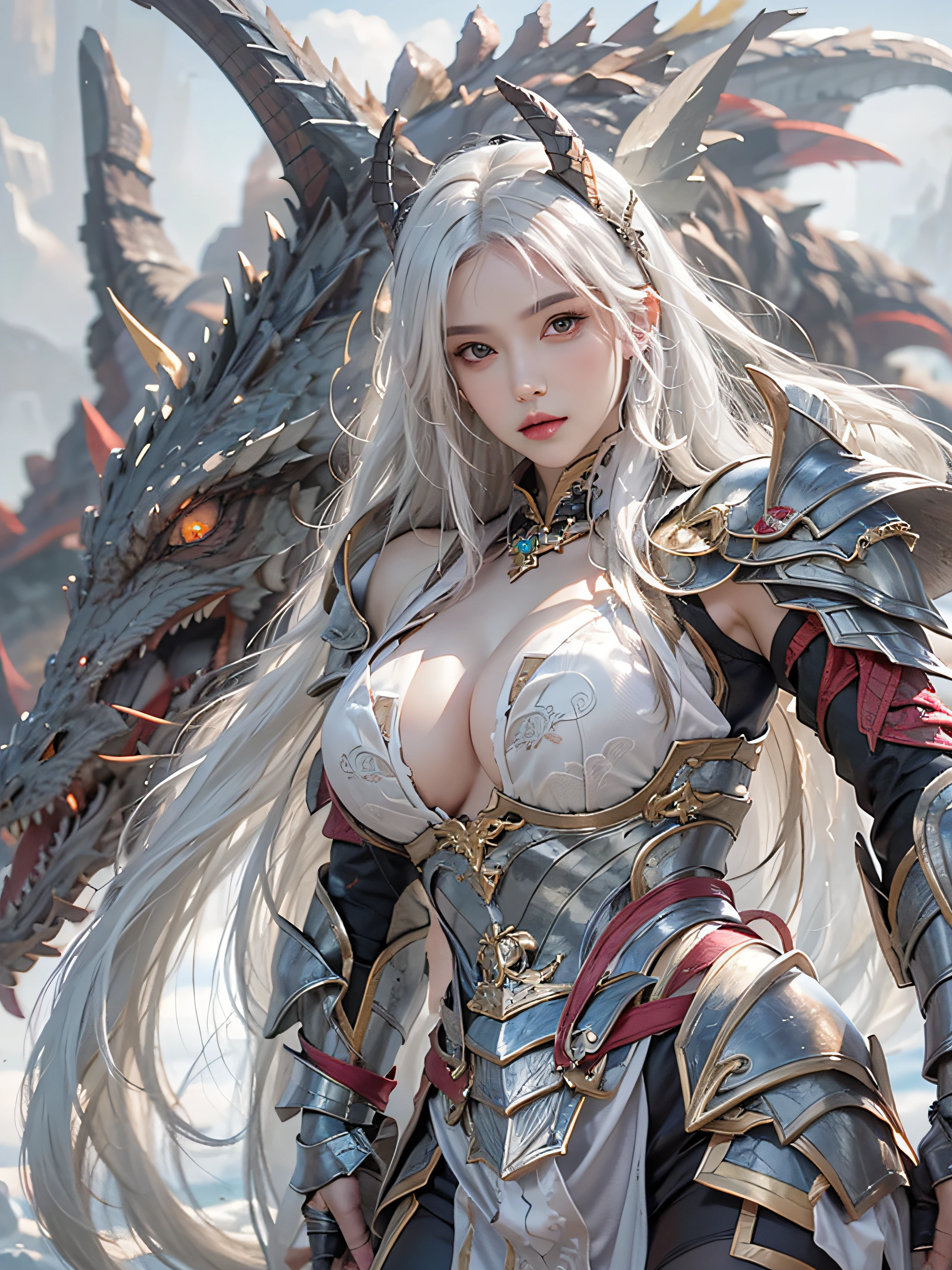 photorealistic, high resolution, 1 women, solo, hips up, white hair, long hair, look at viewer, (detailed face), medium breast, thick thighs, dragon bone armor